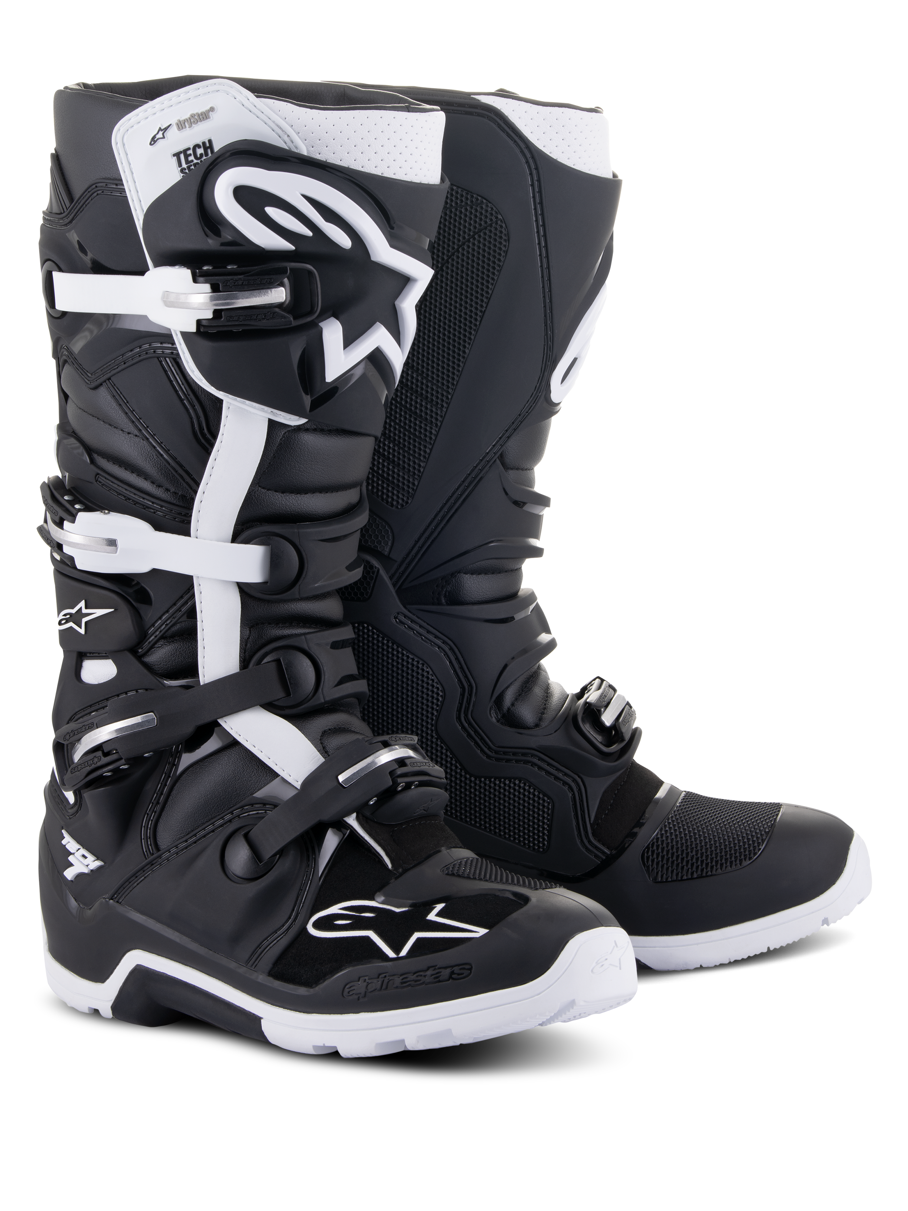 Alpinestars Tech 7 Enduro Drystar® laarzen, off-road motorlaarzen, zwart en wit, voorzien van een waterdicht membraan, sluitingssysteem met meerdere gespen en een robuuste enduro-specifieke zool voor off-road prestaties
