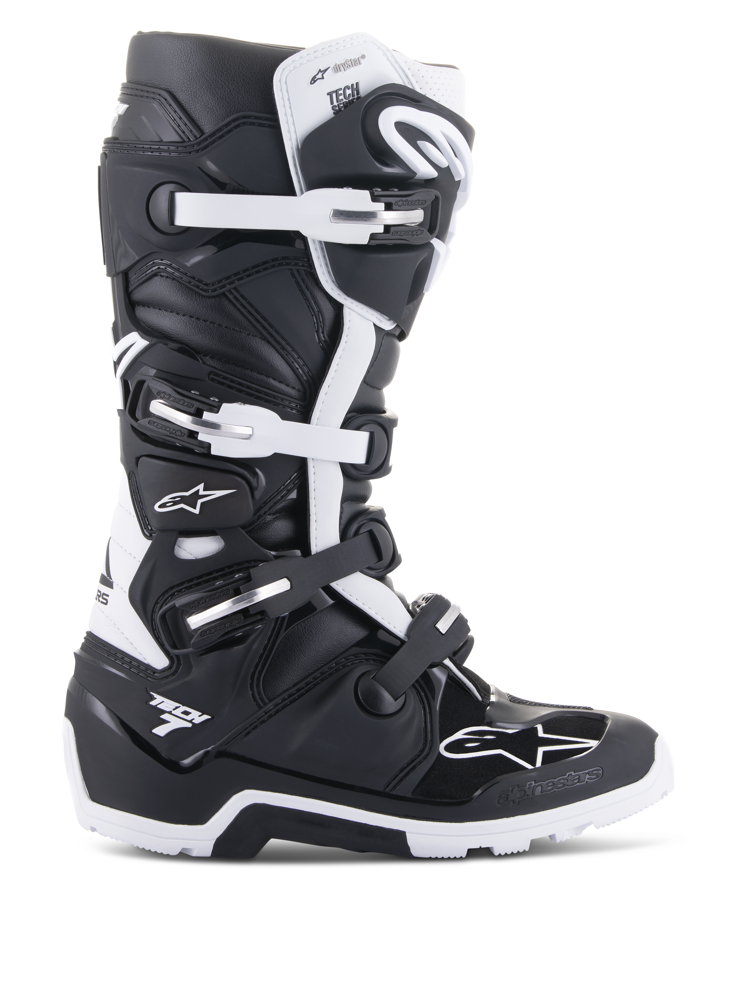 Alpinestars Tech 7 Enduro Drystar laarzen, enduro- en off-road motorlaarzen, zwart en wit, sluitsysteem met vier gespen, waterdicht Drystar-membraan logo, robuuste zool voor off-road grip, duurzame TPU-beschermingspanelen met Alpinestars-logo's