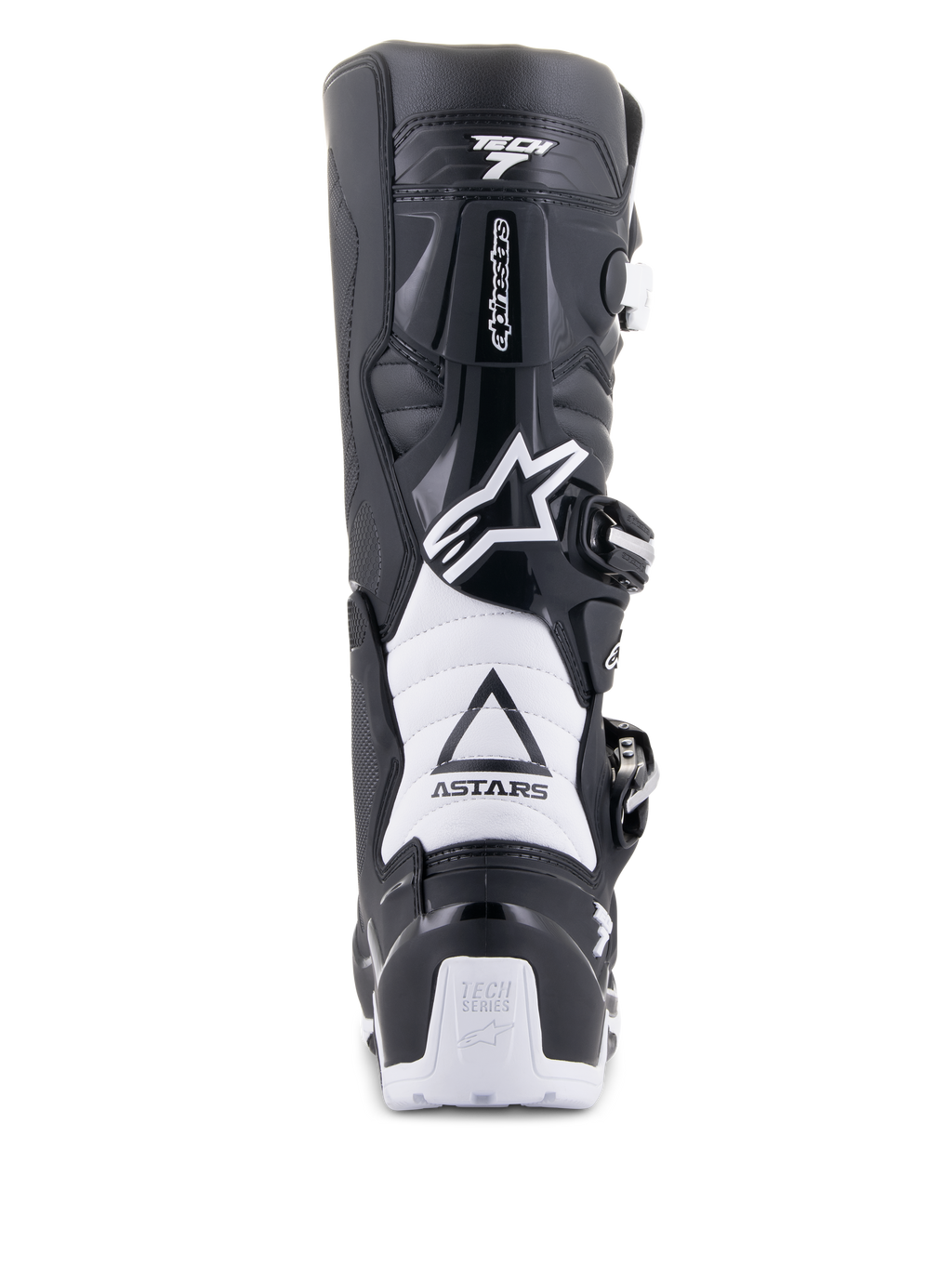 Alpinestars Tech 7 Enduro Drystar-laarzen, zwart en wit, achteraanzicht met TPU-beschermingsstructuur, witte accordeon-flexzones en gespsluitingssysteem, voorzien van Alpinestars-branding op de hiel en het bovenwerk