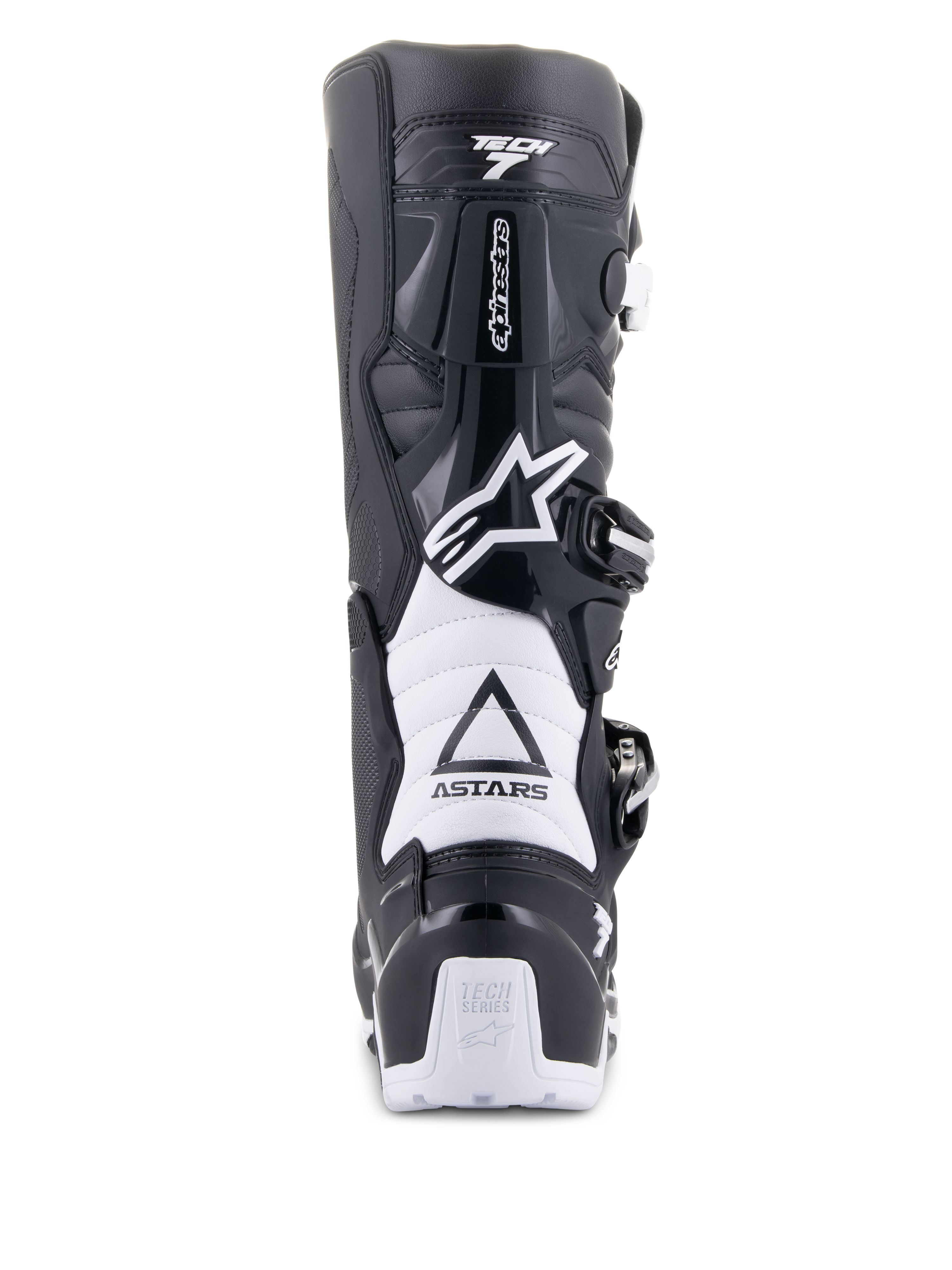 Alpinestars Tech 7 Enduro Drystar-laarzen, zwart en wit, achteraanzicht met TPU-beschermingsstructuur, witte accordeon-flexzones en gespsluitingssysteem, voorzien van Alpinestars-branding op de hiel en het bovenwerk