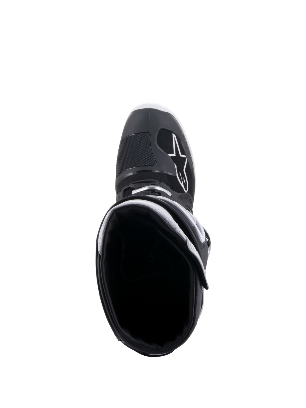 Alpinestars Tech 7 Enduro Drystar® laarzen, zwart en wit, bovenaanzicht met zicht in de laarsopening, wit A-star logo op de neus, witte kraagvoering, hoogwaardig waterdicht ontwerp voor enduro-rijden