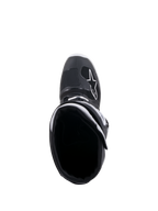 Alpinestars Tech 7 Enduro Drystar® laarzen, zwart en wit, bovenaanzicht met zicht in de laarsopening, wit A-star logo op de neus, witte kraagvoering, hoogwaardig waterdicht ontwerp voor enduro-rijden
