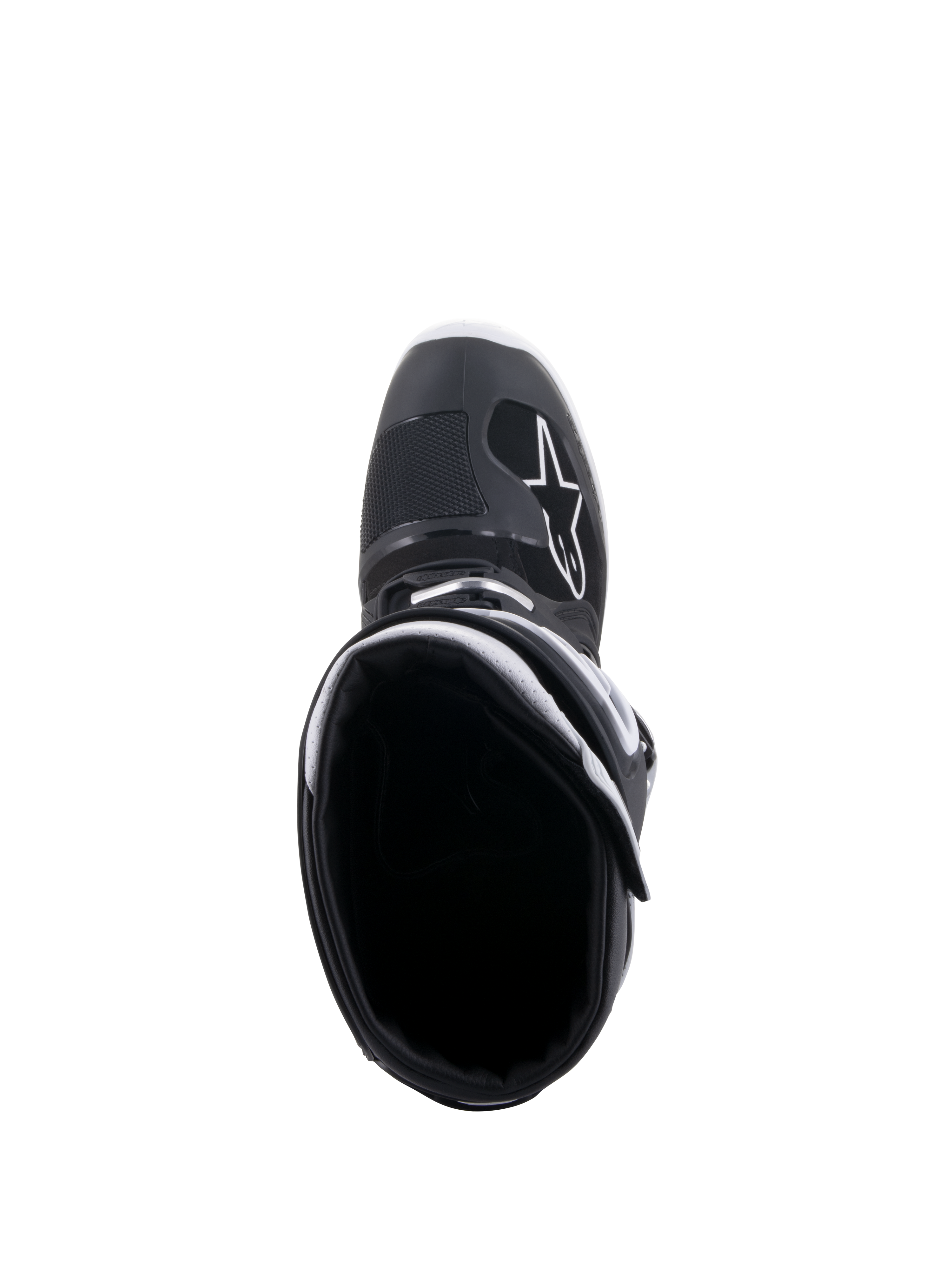Alpinestars Tech 7 Enduro Drystar® laarzen, zwart en wit, bovenaanzicht met zicht in de laarsopening, wit A-star logo op de neus, witte kraagvoering, hoogwaardig waterdicht ontwerp voor enduro-rijden