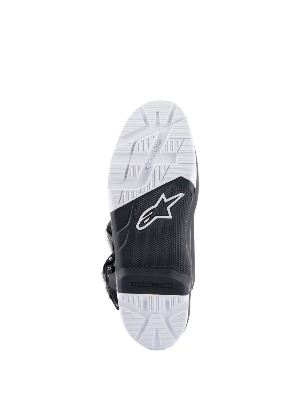 Alpinestars Tech 7 Enduro Drystar® laarzen, detailaanzicht van de zool, zwart en witte rubbercompound met dubbele dichtheid en hoge grip, voorzien van het Alpinestars-logo en vervangbaar voetsteun-inzetstuk, ontworpen voor off-road en enduro tractie.