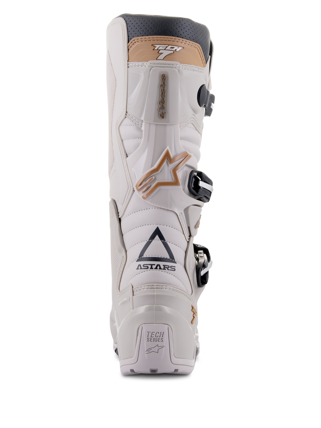 Alpinestars Tech 7 Enduro Drystar® Boots, Gray Sand, rear view highlighting the ASTARS branding and TECH SERIES heel plate, light gray TPU chassis with tan accents and black buckles, engineered for enduro riding