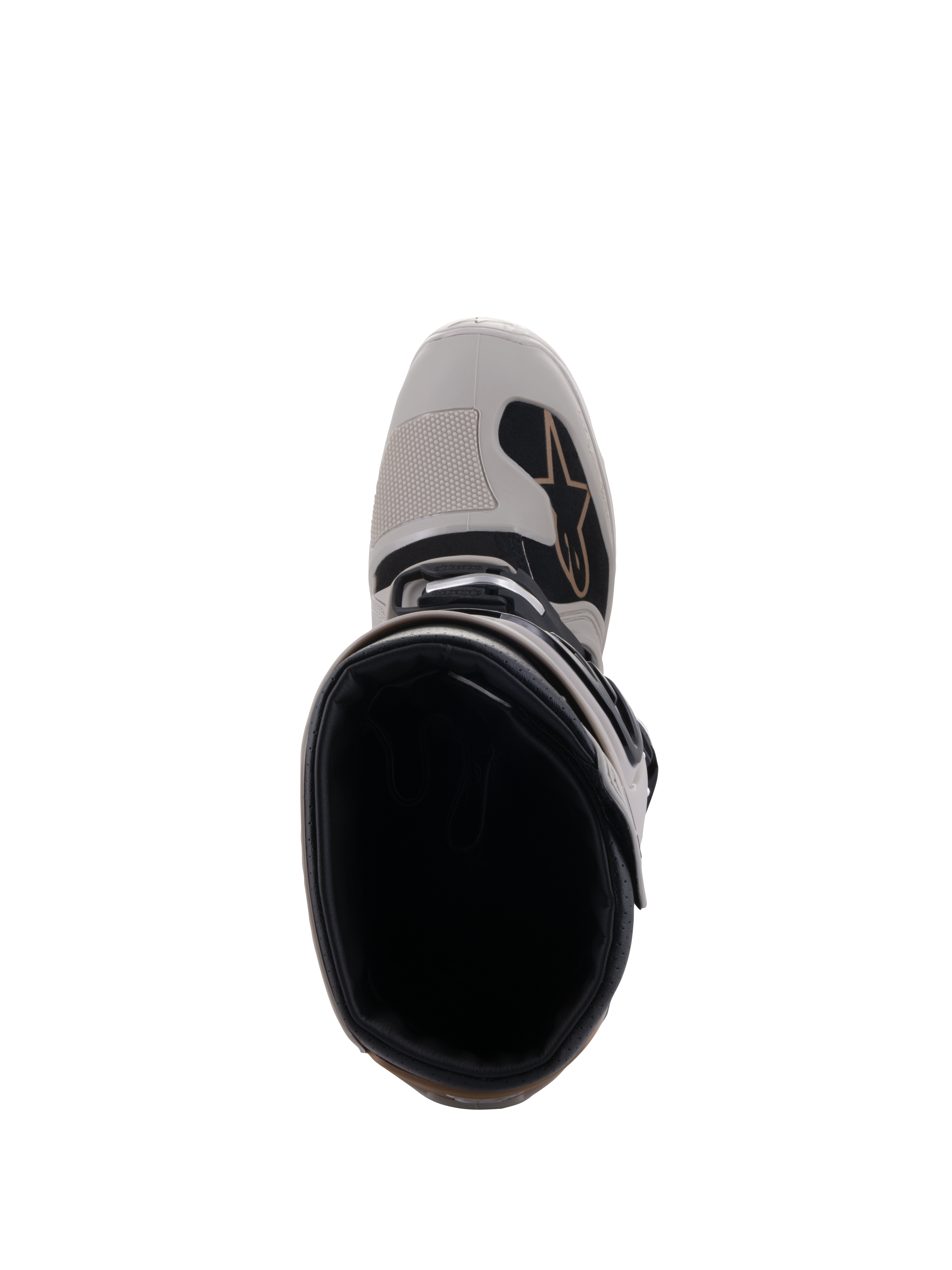 Alpinestars Tech 7 Enduro Drystar® Boots, Gray Sand, top-down view looking into the boot opening and at the reinforced toe, featuring black accents and the Alpinestars logo, waterproof off-road motorcycle footwear