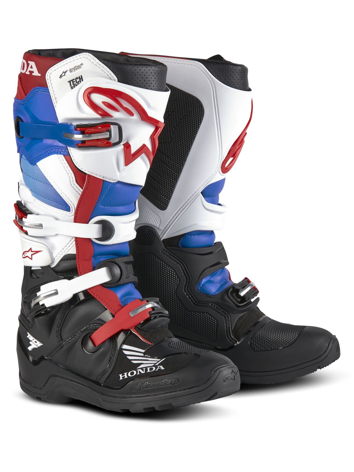 Honda Tech 7 Enduro Drystar® Boots, Motorcycle Enduro Boots, Red Blue Black and White, Multiple Adjustable Buckles, Honda Branding, Rugged Protection, Tall Ankle Support Design