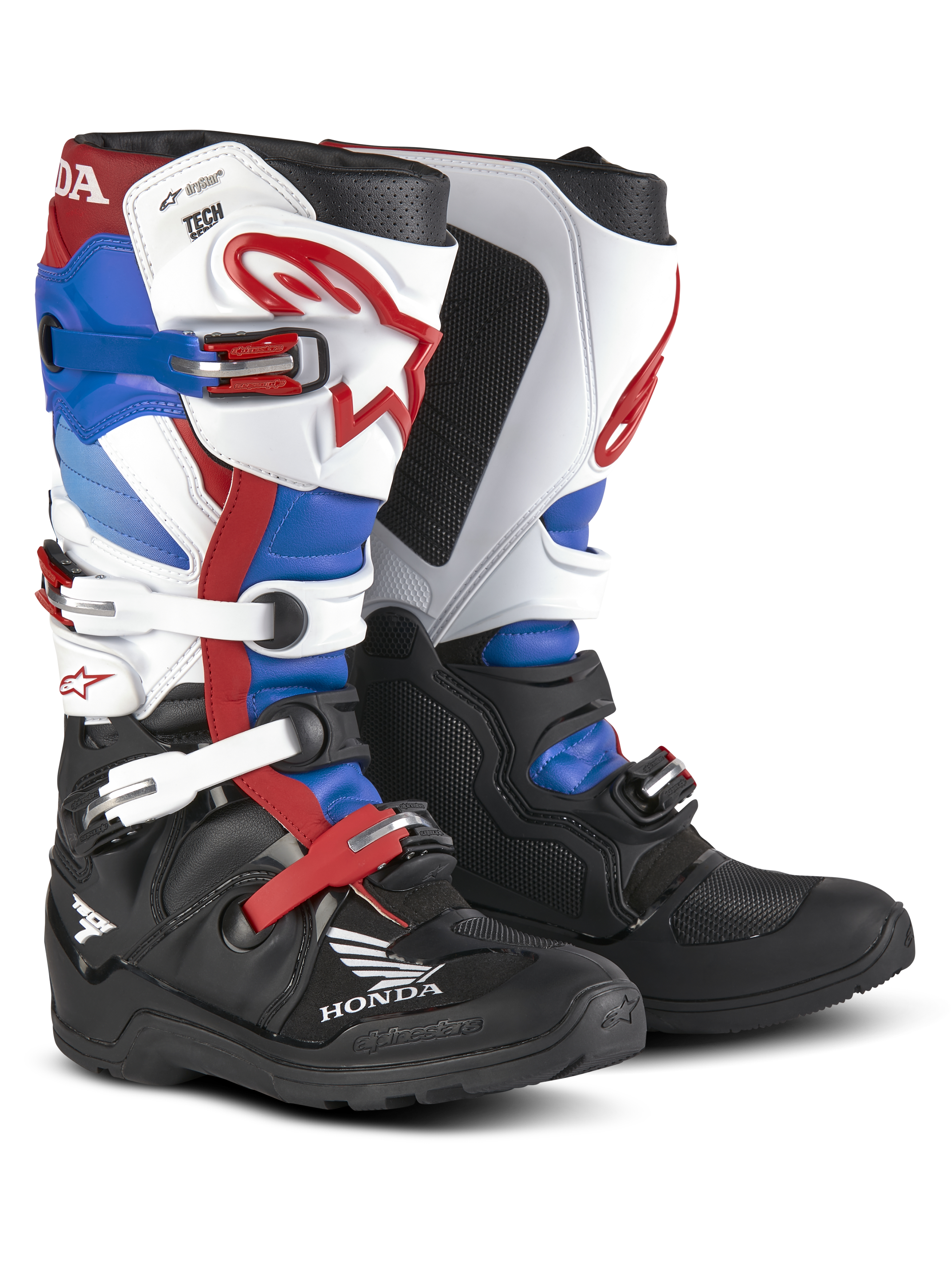 Alpinestars Honda Tech 7 Enduro Drystar®, bottes de moto enduro, rouge, bleu, noir et blanc, multiples boucles ajustables, logo Honda, protection robuste, conception montante pour le soutien de la cheville