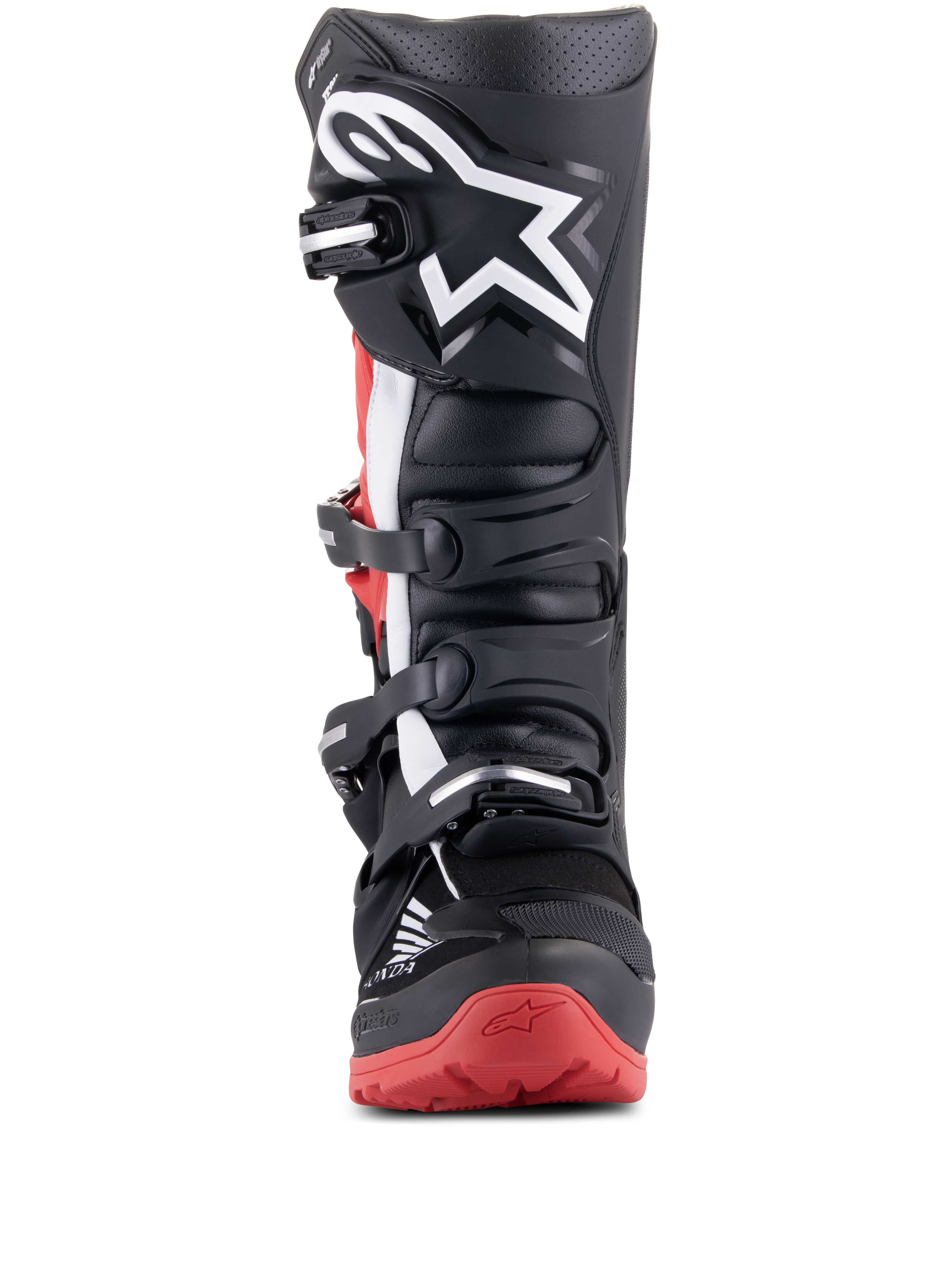 Bottes Alpinestars Honda Tech 7 Enduro Drystar, noir et rouge vif, vue de face montrant le système de fermeture à boucles multiples, grand logo étoile blanc sur le tibia et semelle rouge avec marquage Honda, bottes de moto tout-terrain imperméables
