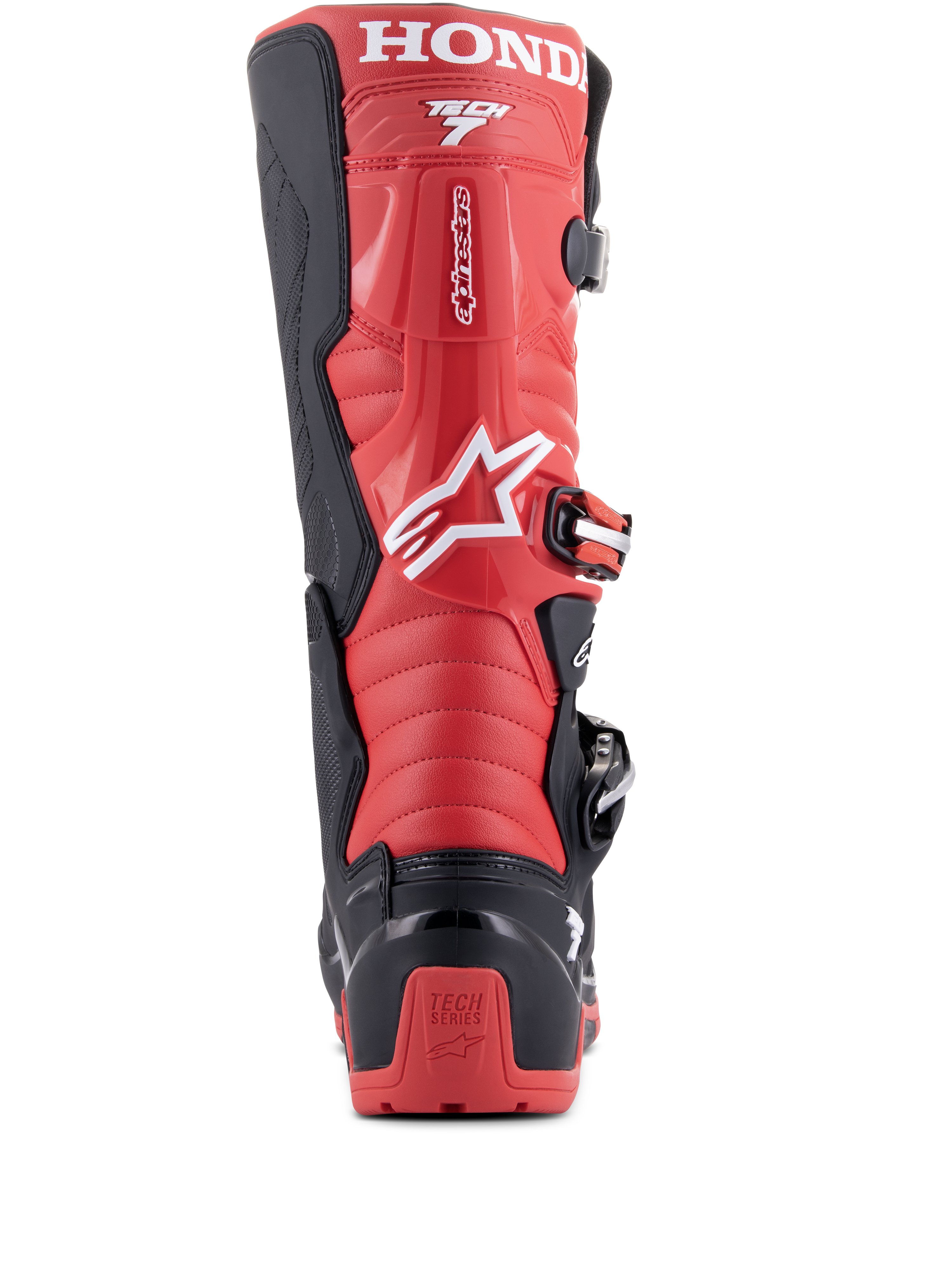 Bottes Alpinestars Honda Tech 7 Enduro Drystar®, noir et rouge vif, vue arrière présentant le marquage HONDA sur le haut du mollet, une protection de talon en TPU avec logo Tech Series et un système de fermeture à boucles sécurisé.