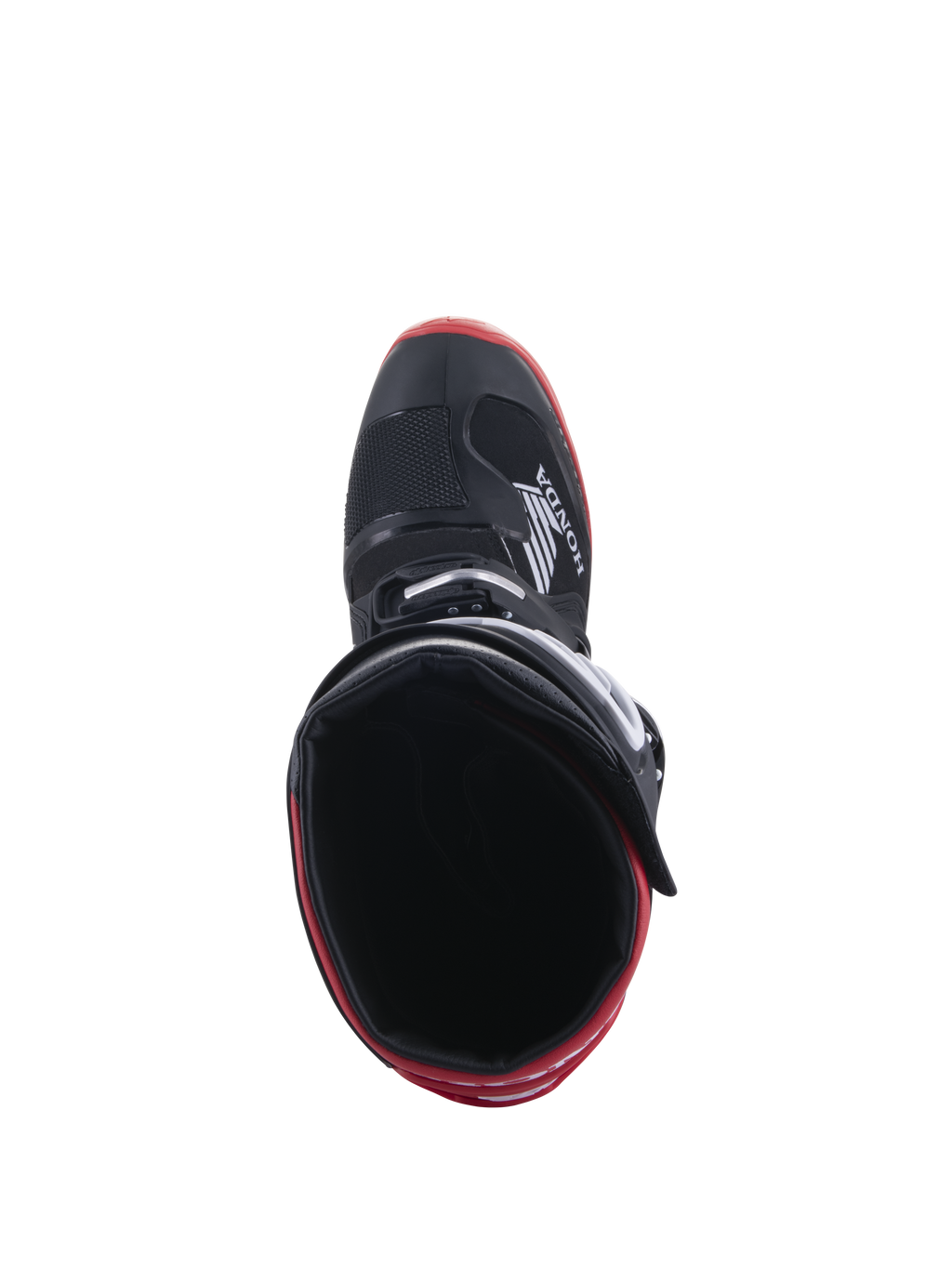 Bottes Honda Tech 7 Enduro Drystar®, noir et rouge vif, vue de dessus de l'intérieur de la botte, logo Honda sur le côté, détails rouges sur la semelle, construction imperméable pour le tout-terrain