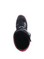 Bottes Honda Tech 7 Enduro Drystar®, noir et rouge vif, vue de dessus de l'intérieur de la botte, logo Honda sur le côté, détails rouges sur la semelle, construction imperméable pour le tout-terrain