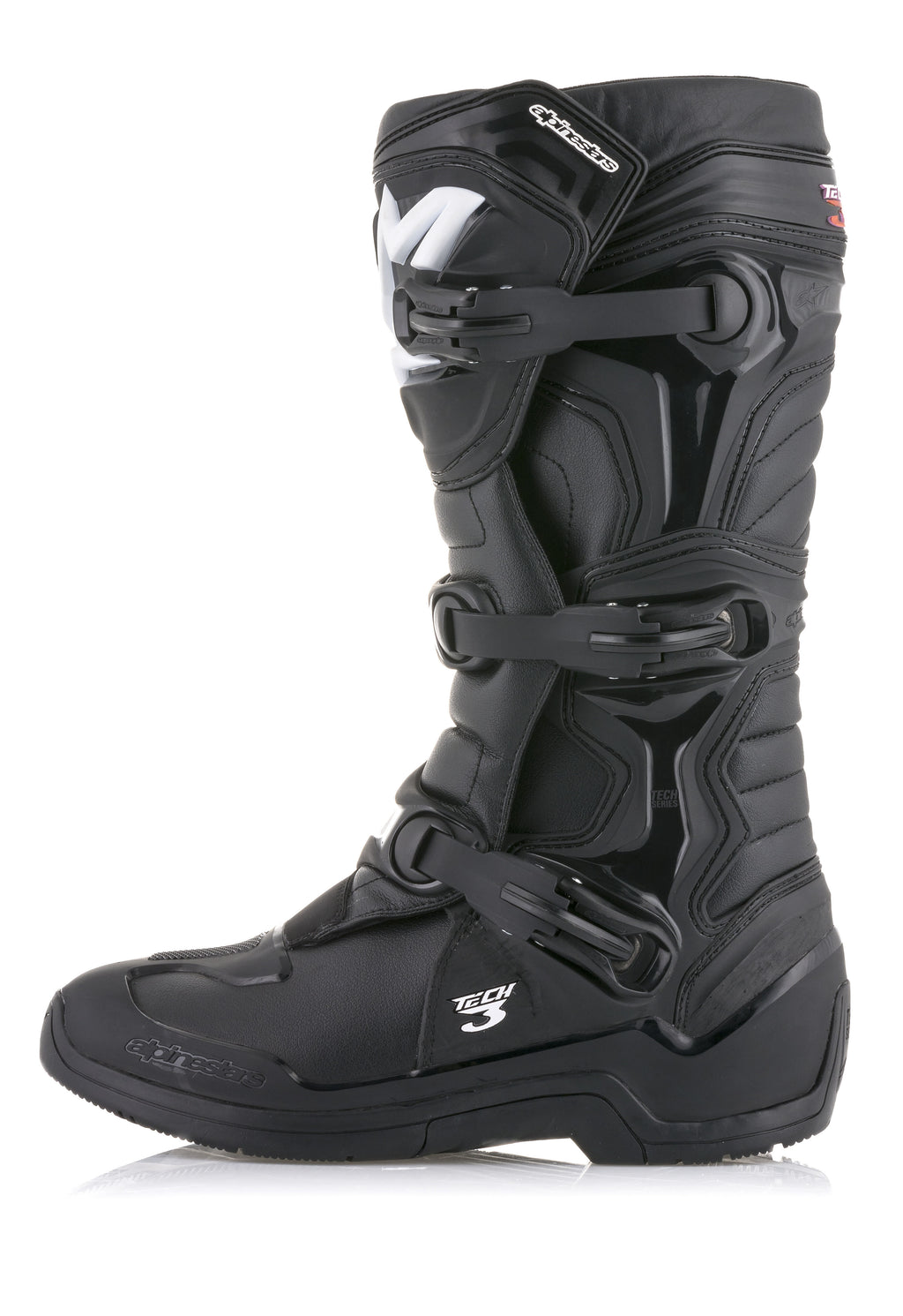 Alpinestars Tech 3 Stiefel, schwarze Motocross-Stiefel, Seitenprofilansicht mit dreifachem Schnallen-Verschlusssystem, TPU-Schutzpaneelen und strapazierfähigem Mikrofaser-Obermaterial für Offroad-Performance