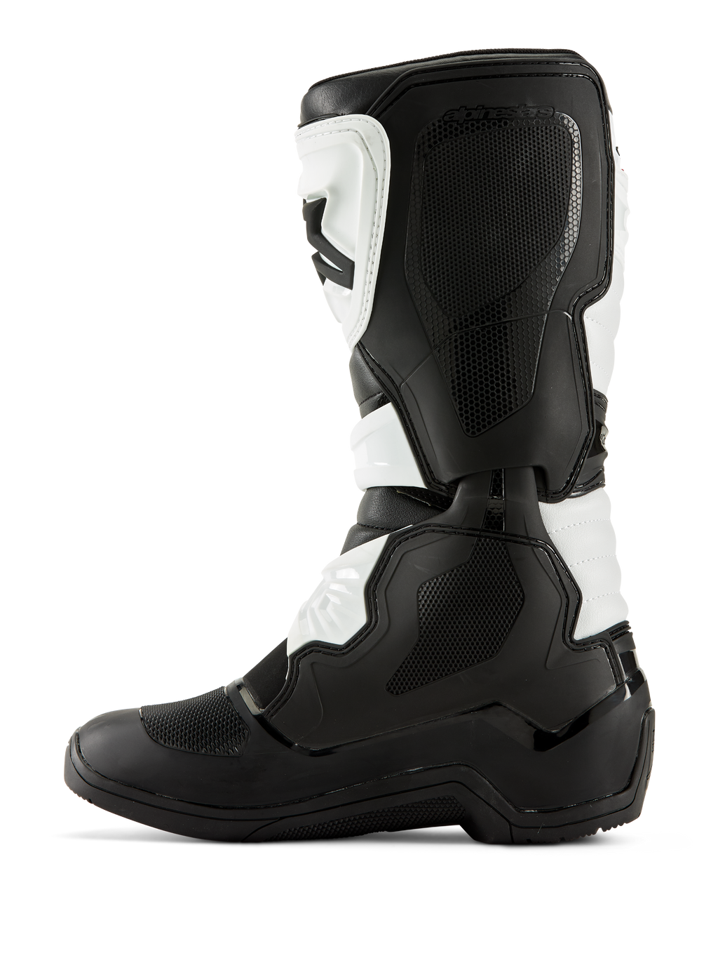 Alpinestars Tech 3 laarzen, motorcrosslaarzen, zwart en wit, mediaal zijprofiel voorzien van getextureerde grippanelen, TPU-protectoren en een duurzame microvezelconstructie, professionele off-road laarzen.