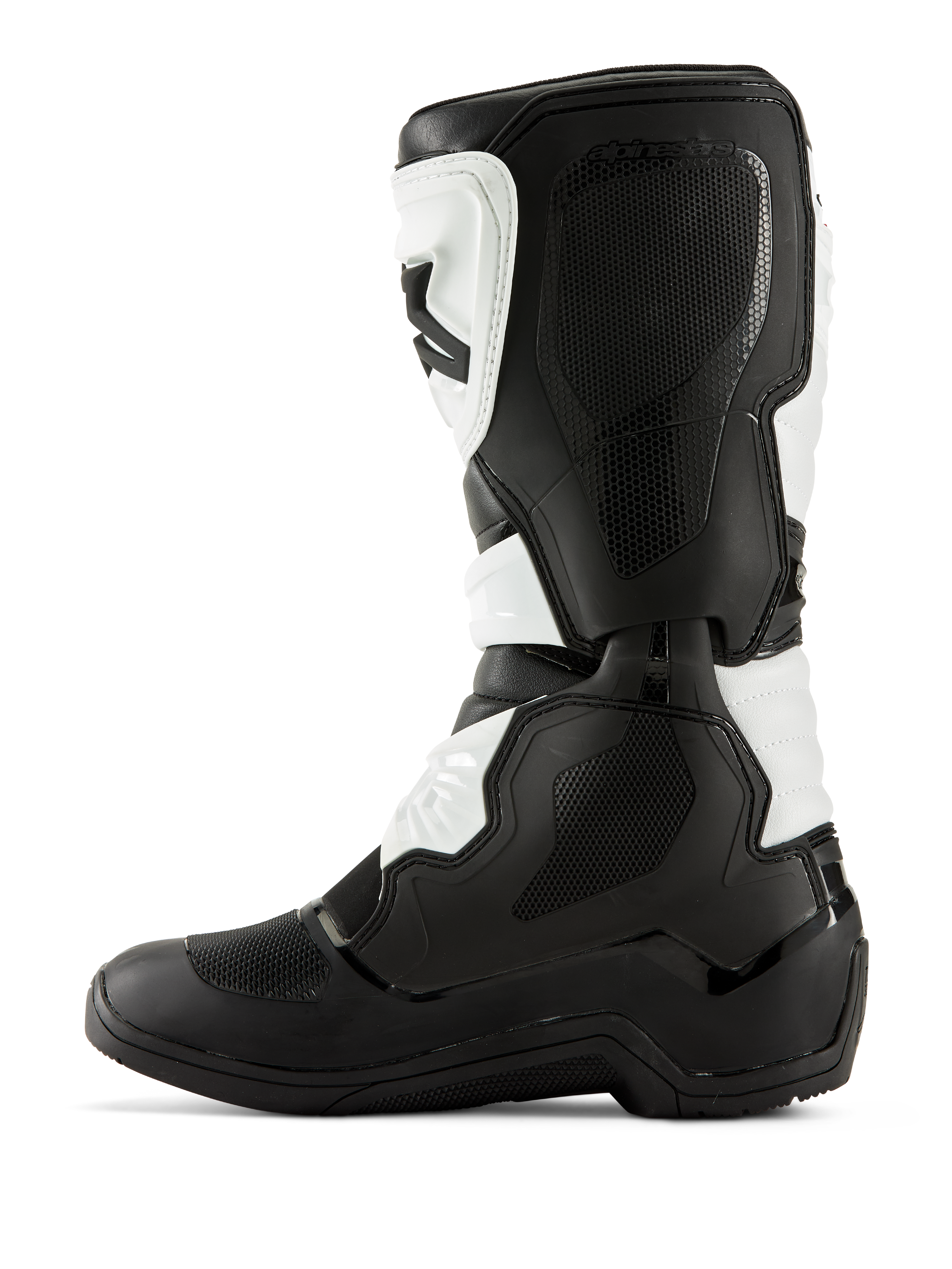 Alpinestars Tech 3 laarzen, motorcrosslaarzen, zwart en wit, mediaal zijprofiel voorzien van getextureerde grippanelen, TPU-protectoren en een duurzame microvezelconstructie, professionele off-road laarzen.