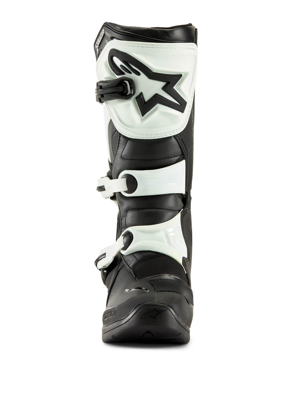 Alpinestars Tech 3 laarzen, motorcrosslaarzen, zwart en wit, vooraanzicht met witte TPU-scheenplaat met zwart sterlogo en witte gespriemen, duurzaam off-road schoeisel
