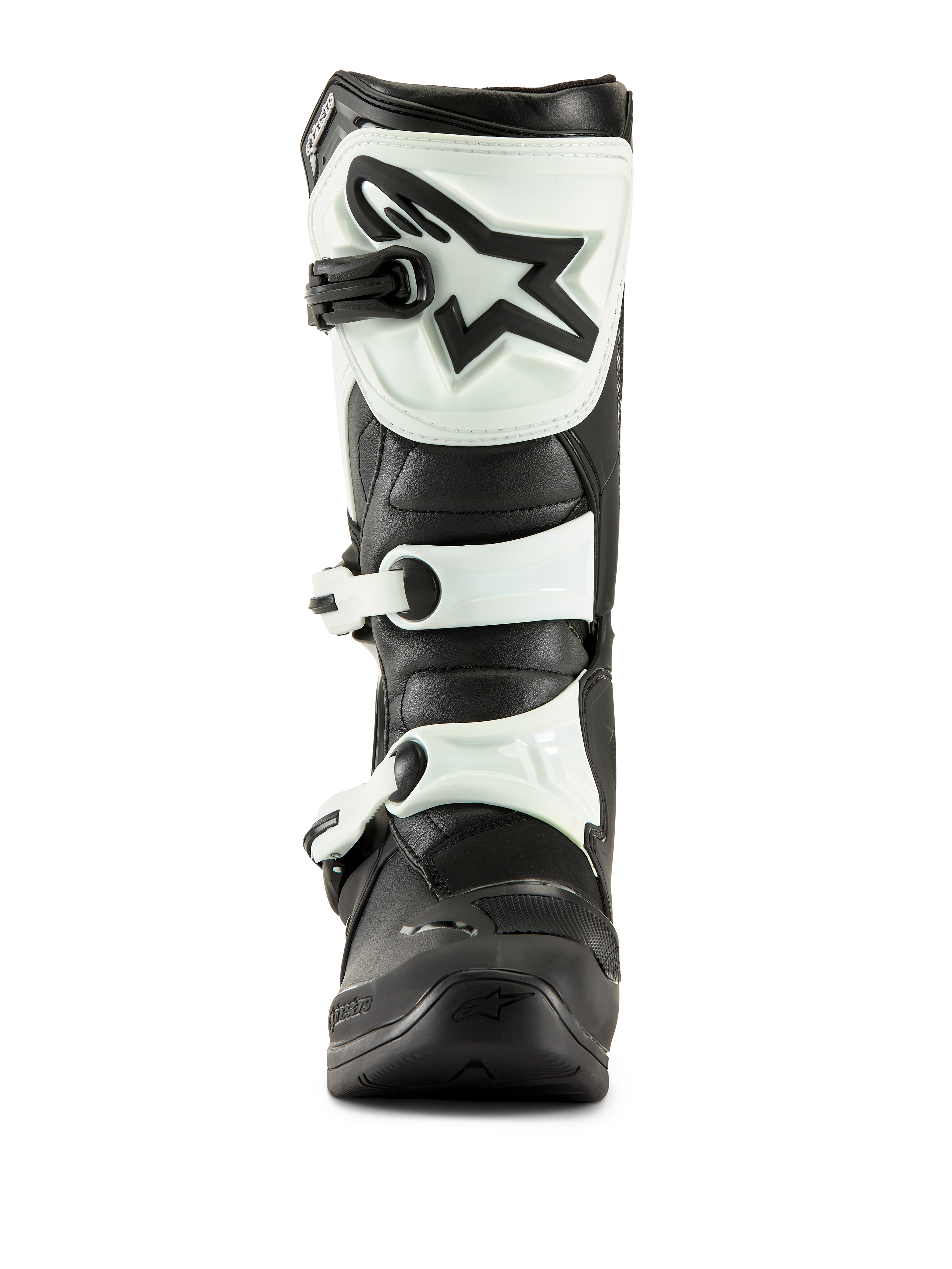 Alpinestars Tech 3 laarzen, motorcrosslaarzen, zwart en wit, vooraanzicht met witte TPU-scheenplaat met zwart sterlogo en witte gespriemen, duurzaam off-road schoeisel