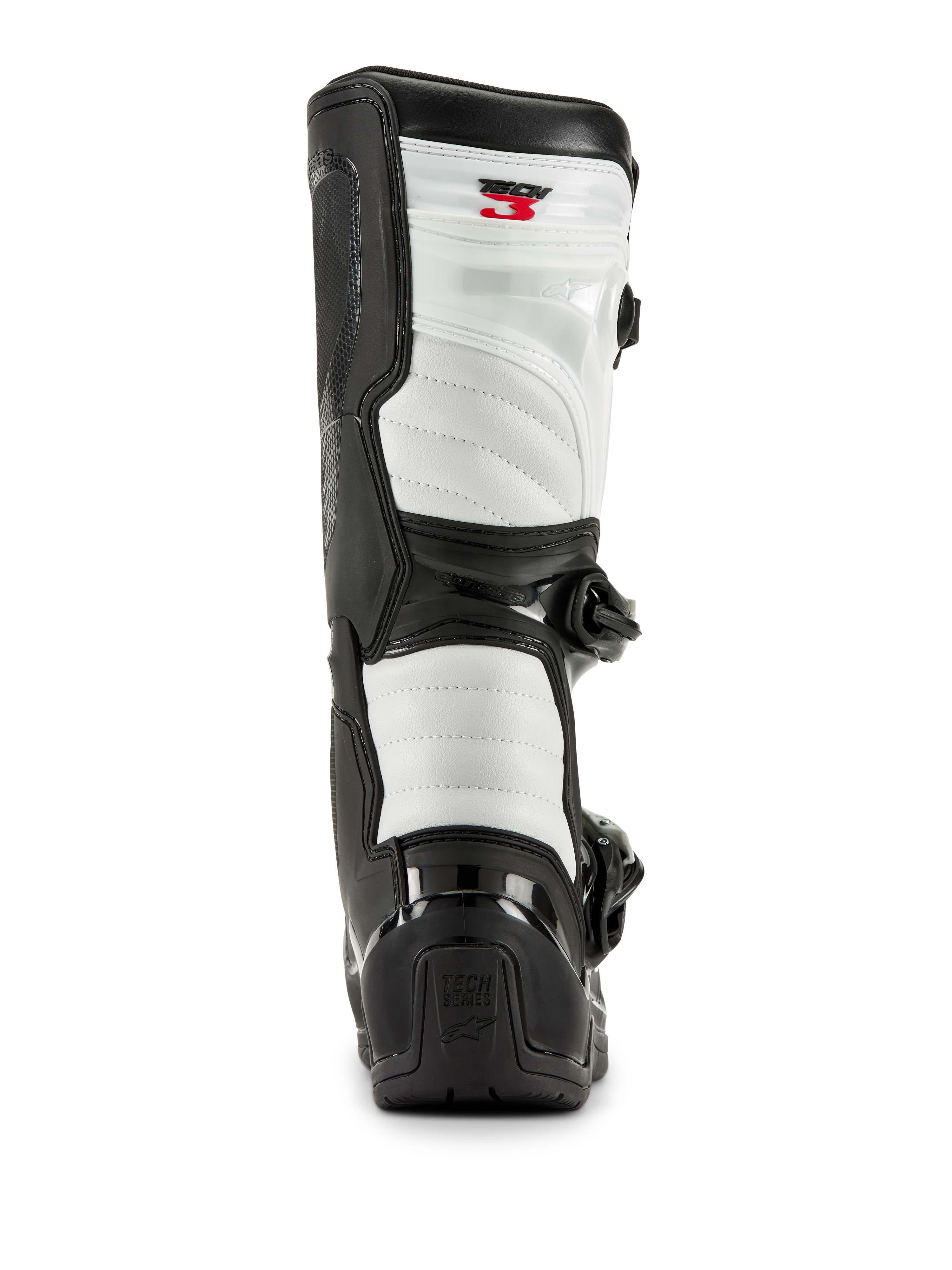 Alpinestars Tech 3 laarzen in zwart en wit, achteraanzicht met witte gewatteerde panelen, zwarte TPU-hielbeschermer met Tech Series-logo en rode Tech 3-branding aan de bovenkant, professionele motorcrosslaarzen.