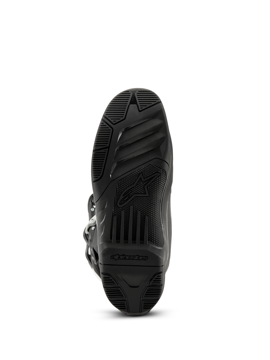 Alpinestars Tech 3 laarzen, motorcrosslaarzen, zwart, onderaanzicht van de rubberen zool met textuur voorzien van het Alpinestars-logo en woordmerk, high-grip profielontwerp voor off-road prestaties