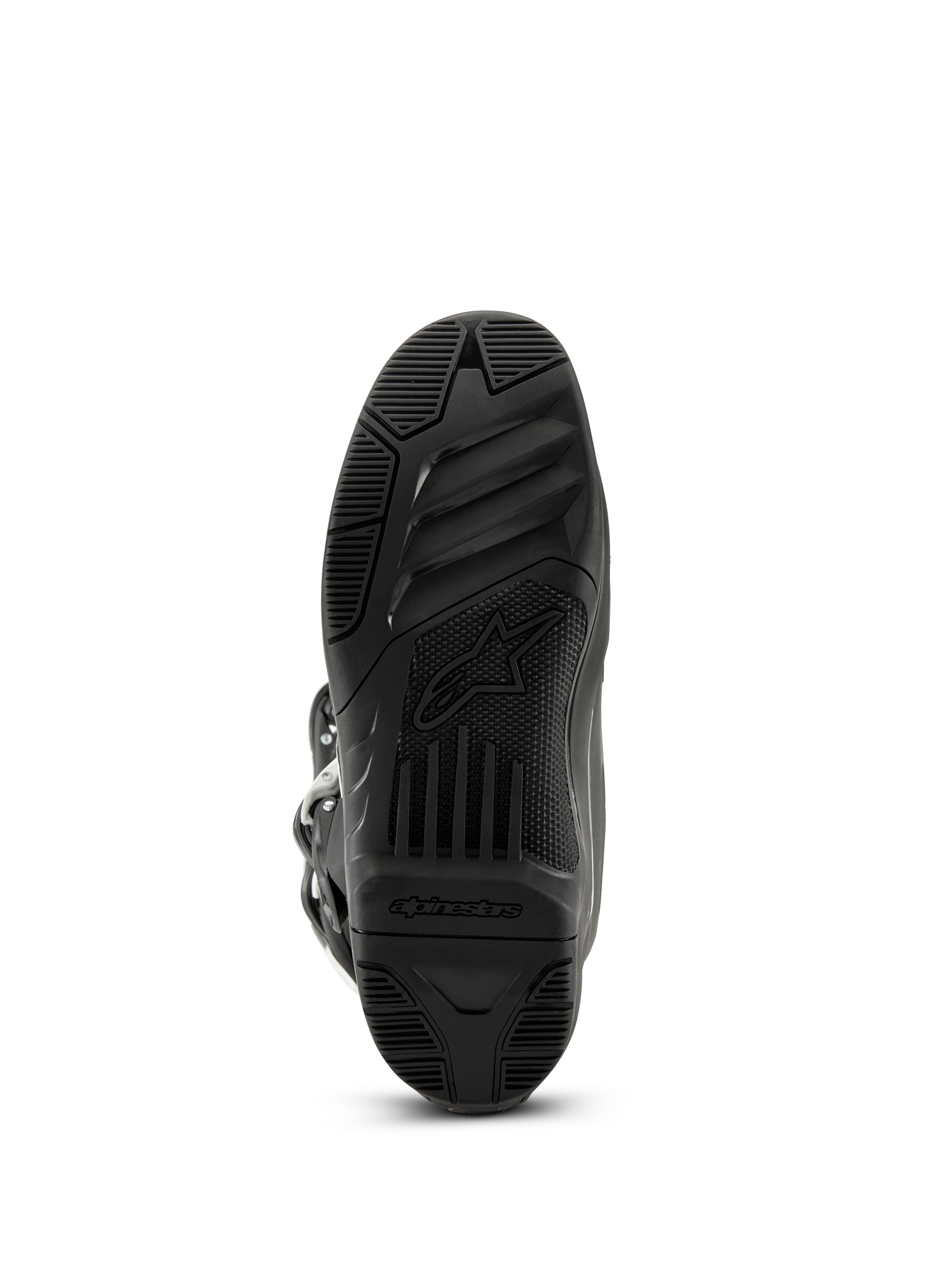Alpinestars Tech 3 laarzen, motorcrosslaarzen, zwart, onderaanzicht van de rubberen zool met textuur voorzien van het Alpinestars-logo en woordmerk, high-grip profielontwerp voor off-road prestaties