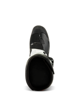 Bottes Alpinestars Tech 3, vue de dessus, noir et blanc, montrant la doublure textile intérieure et le bout noir renforcé, chaussures de protection pour motocross et tout-terrain