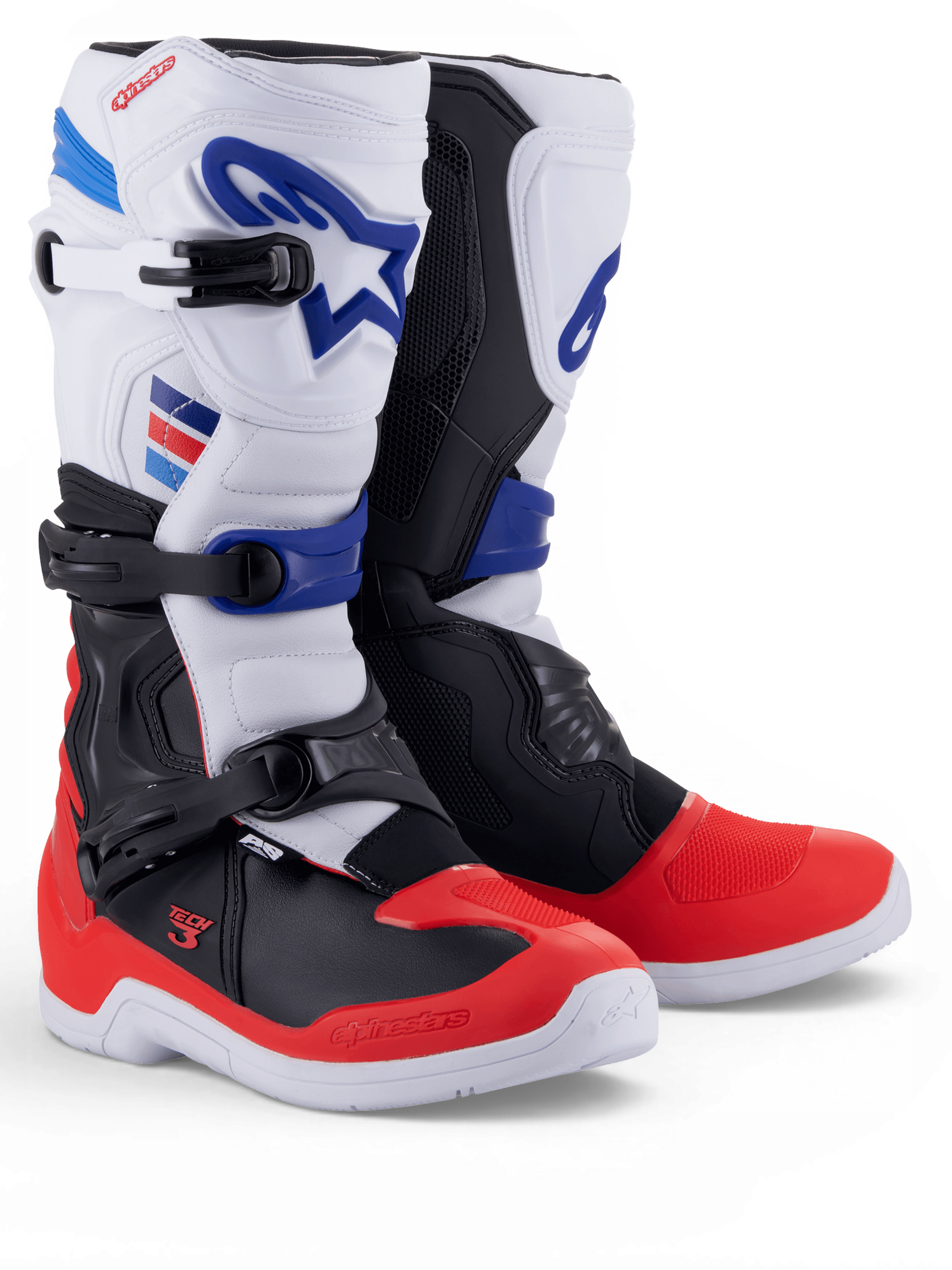 Alpinestars Tech 3, bottes de motocross blanches et rouge vif avec accents bleu foncé et fermetures à triple boucle, présentées par paire