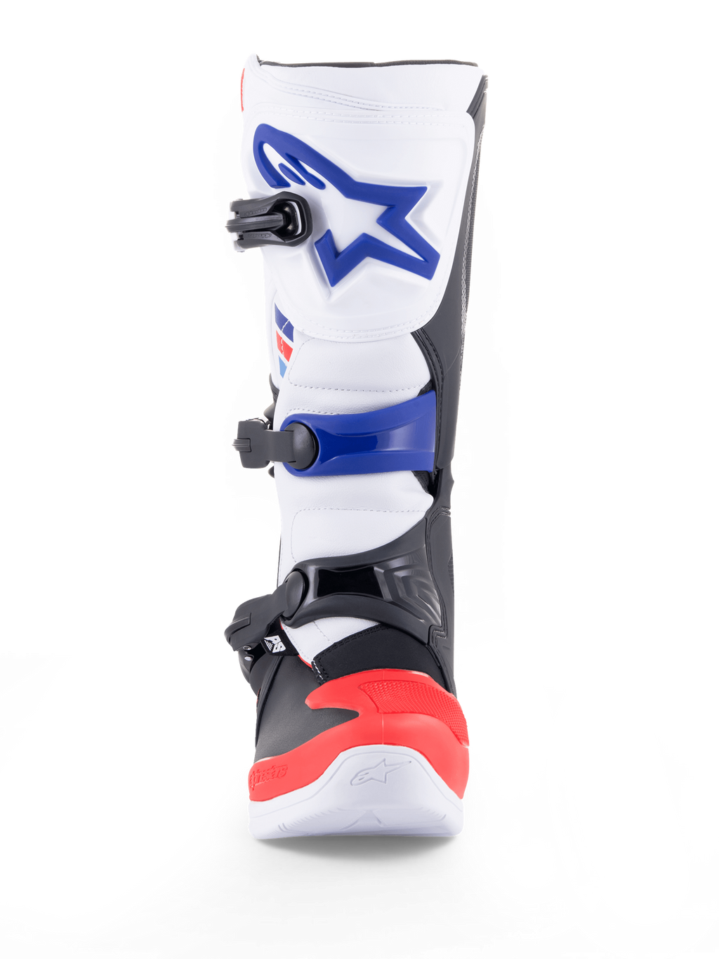 Bottes Alpinestars Tech 3 de motocross tout-terrain, blanches, rouges et bleu foncé, protection en TPU, fermeture à triple boucle, certifiées CE