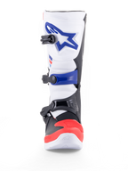Bottes Alpinestars Tech 3 de motocross tout-terrain, blanches, rouges et bleu foncé, protection en TPU, fermeture à triple boucle, certifiées CE