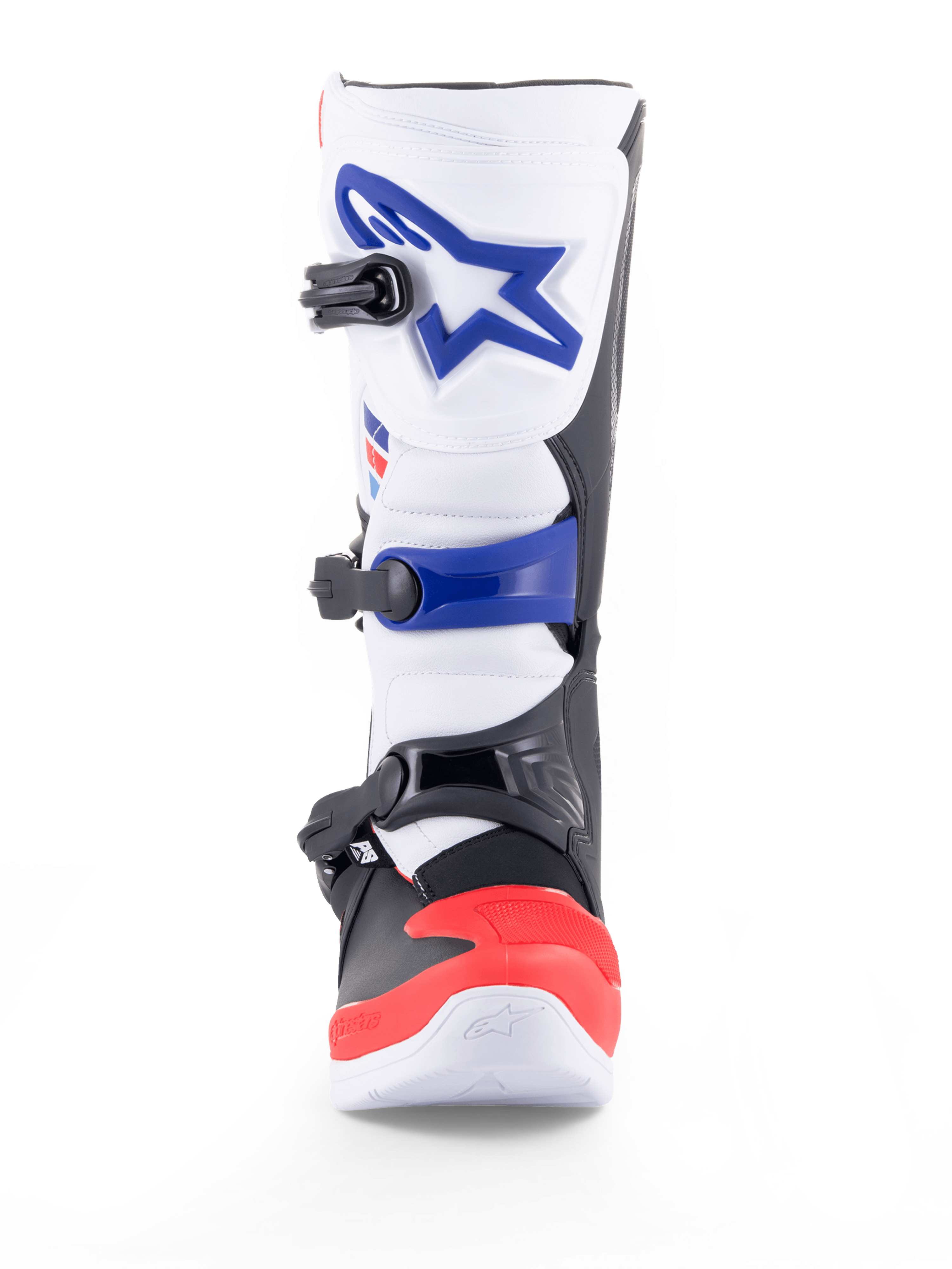 Bottes Alpinestars Tech 3 de motocross tout-terrain, blanches, rouges et bleu foncé, protection en TPU, fermeture à triple boucle, certifiées CE
