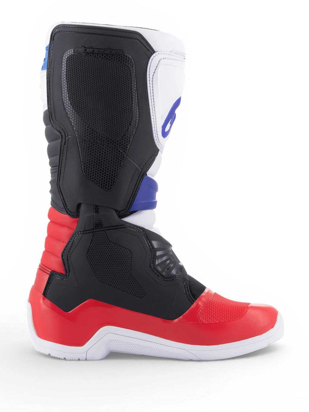 Bottes Alpinestars Tech 3 de motocross et tout-terrain, blanches et rouges avec détails bleus, construction en microfibre synthétique et protections en TPU