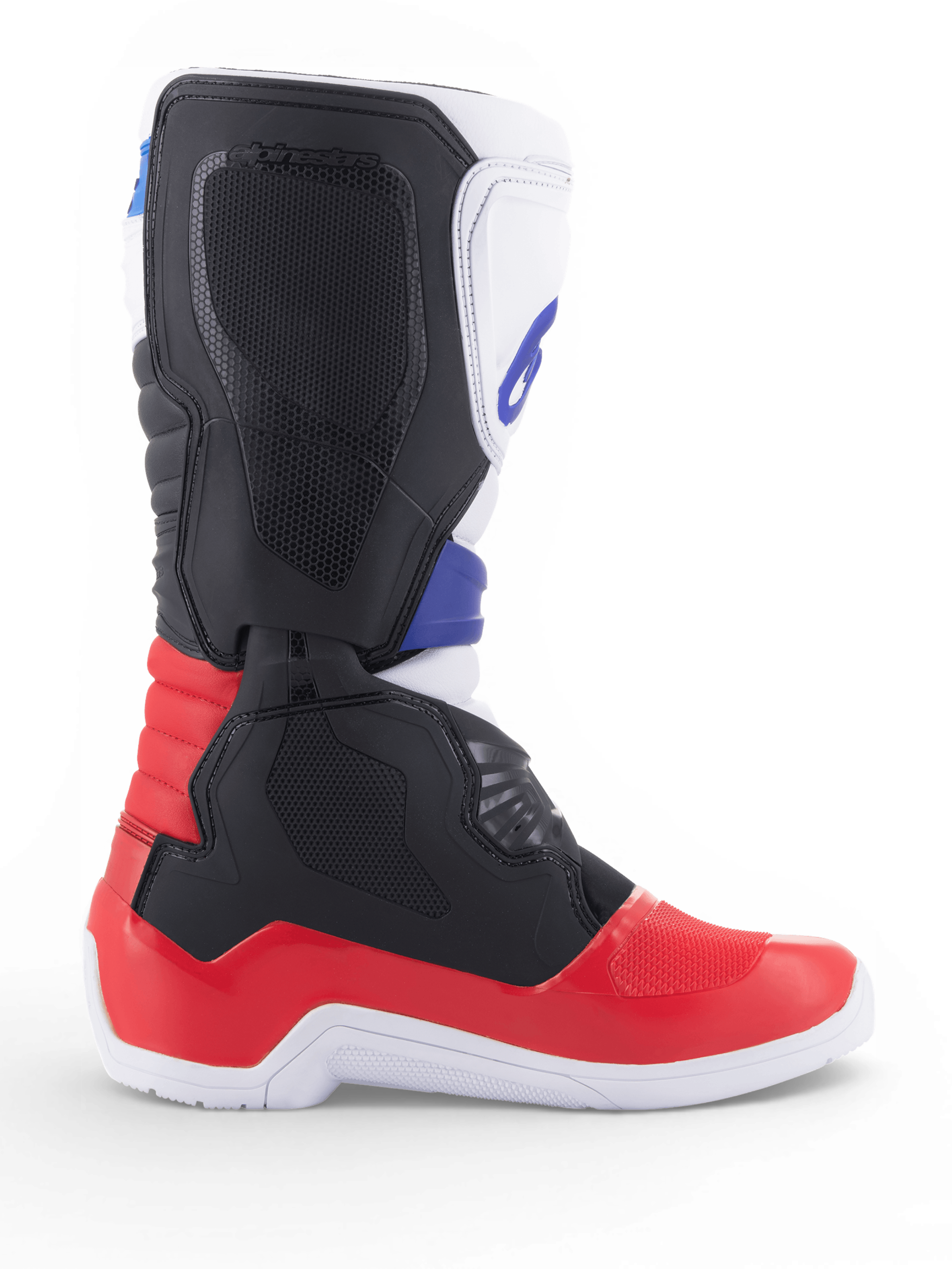 Bottes Alpinestars Tech 3 de motocross et tout-terrain, blanches et rouges avec détails bleus, construction en microfibre synthétique et protections en TPU