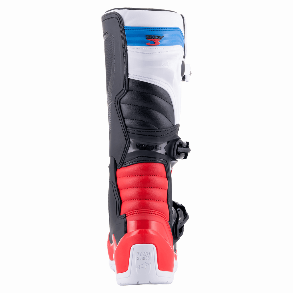 Alpinestars Tech 3 Boots, Motocross Boots, White Bright Red and Dark Blue, rear view showing red accordion flex zones, white upper with blue logo strap, and protective heel counter