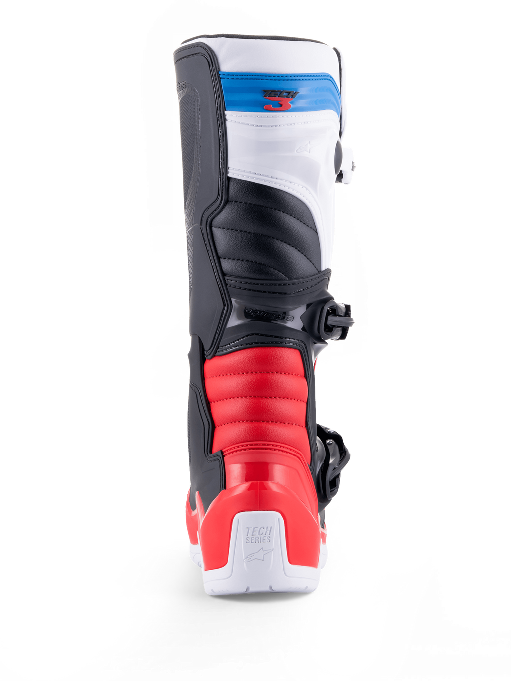 Alpinestars Bottes Tech 3, bottes de motocross tout-terrain vues de dos, blanches avec accents rouge vif et bleu foncé, construction protectrice en TPU et fermeture à boucles