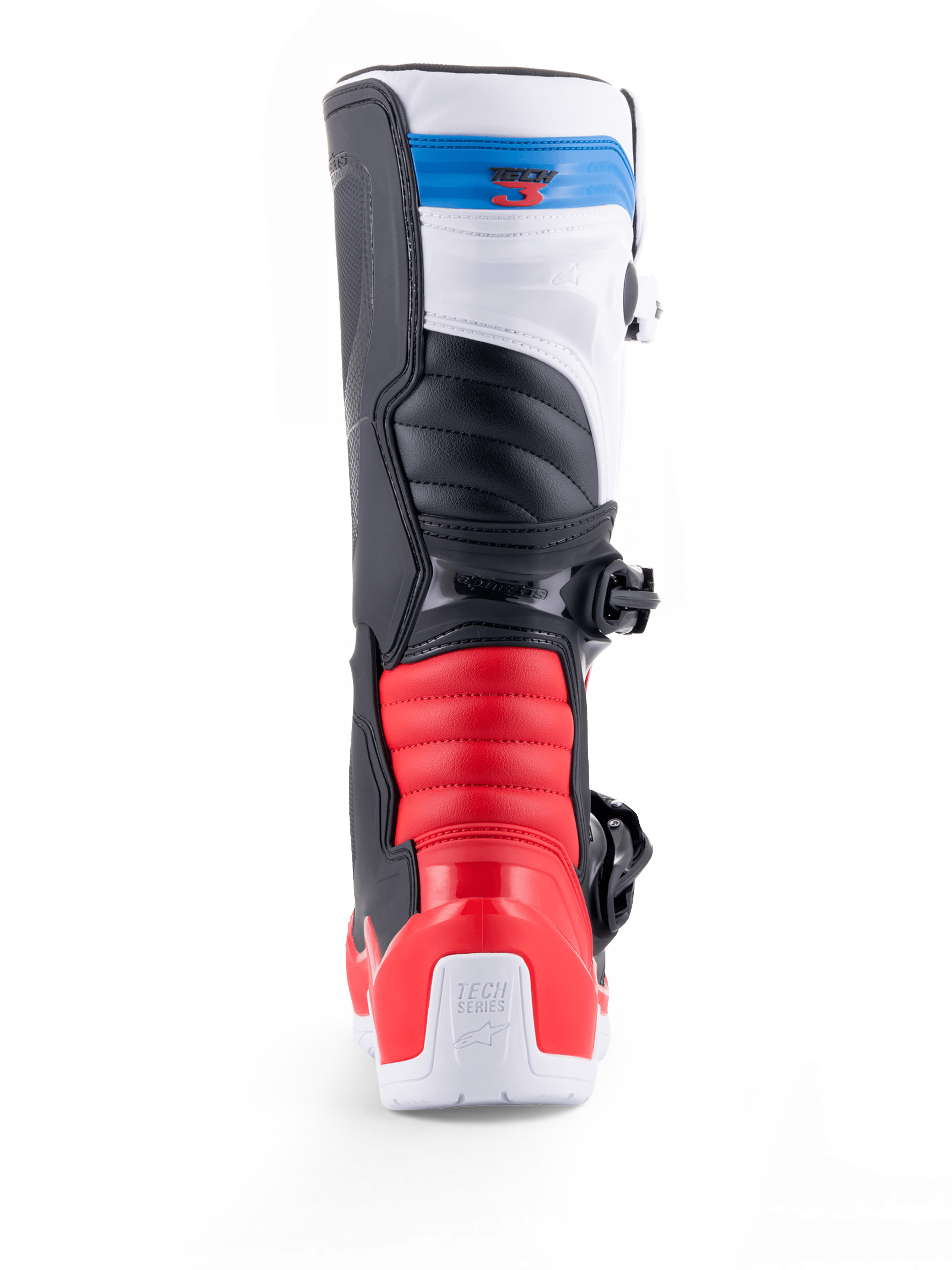 Alpinestars Bottes Tech 3, bottes de motocross tout-terrain vues de dos, blanches avec accents rouge vif et bleu foncé, construction protectrice en TPU et fermeture à boucles