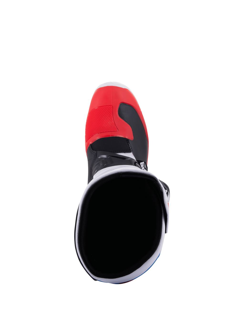 Alpinestars Bottes Tech 3, bottes de motocross tout-terrain blanches et rouge vif, vue arrière montrant la protection en TPU et la fermeture à boucles