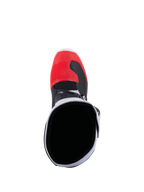 Alpinestars Bottes Tech 3, bottes de motocross tout-terrain blanches et rouge vif, vue arrière montrant la protection en TPU et la fermeture à boucles