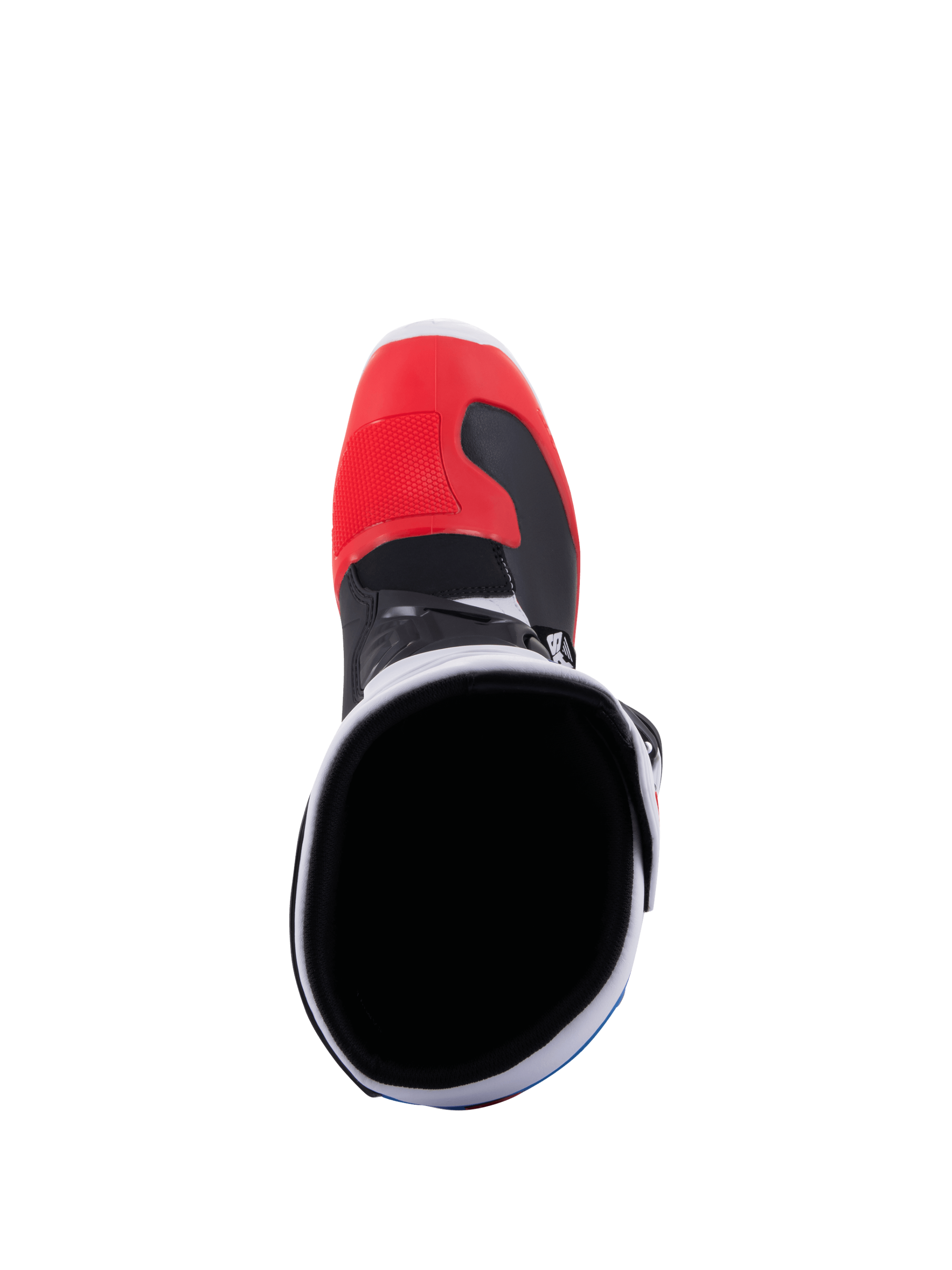 Alpinestars Bottes Tech 3, bottes de motocross tout-terrain blanches et rouge vif, vue arrière montrant la protection en TPU et la fermeture à boucles