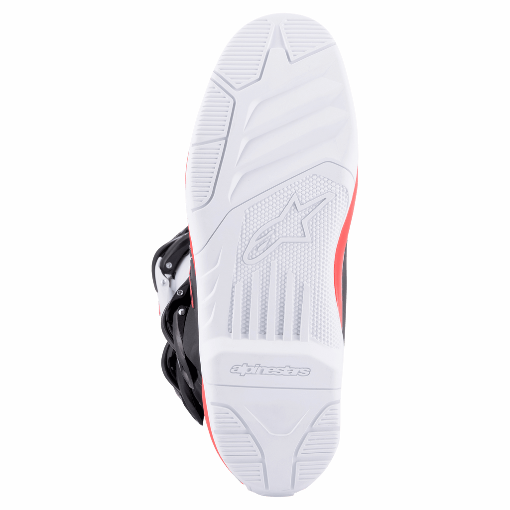 Alpinestars Tech 3 Boots, White Bright Red Dark Blue, close-up of the white high-grip rubber outsole with textured tread and debossed logo, designed for motocross and off-road performance.