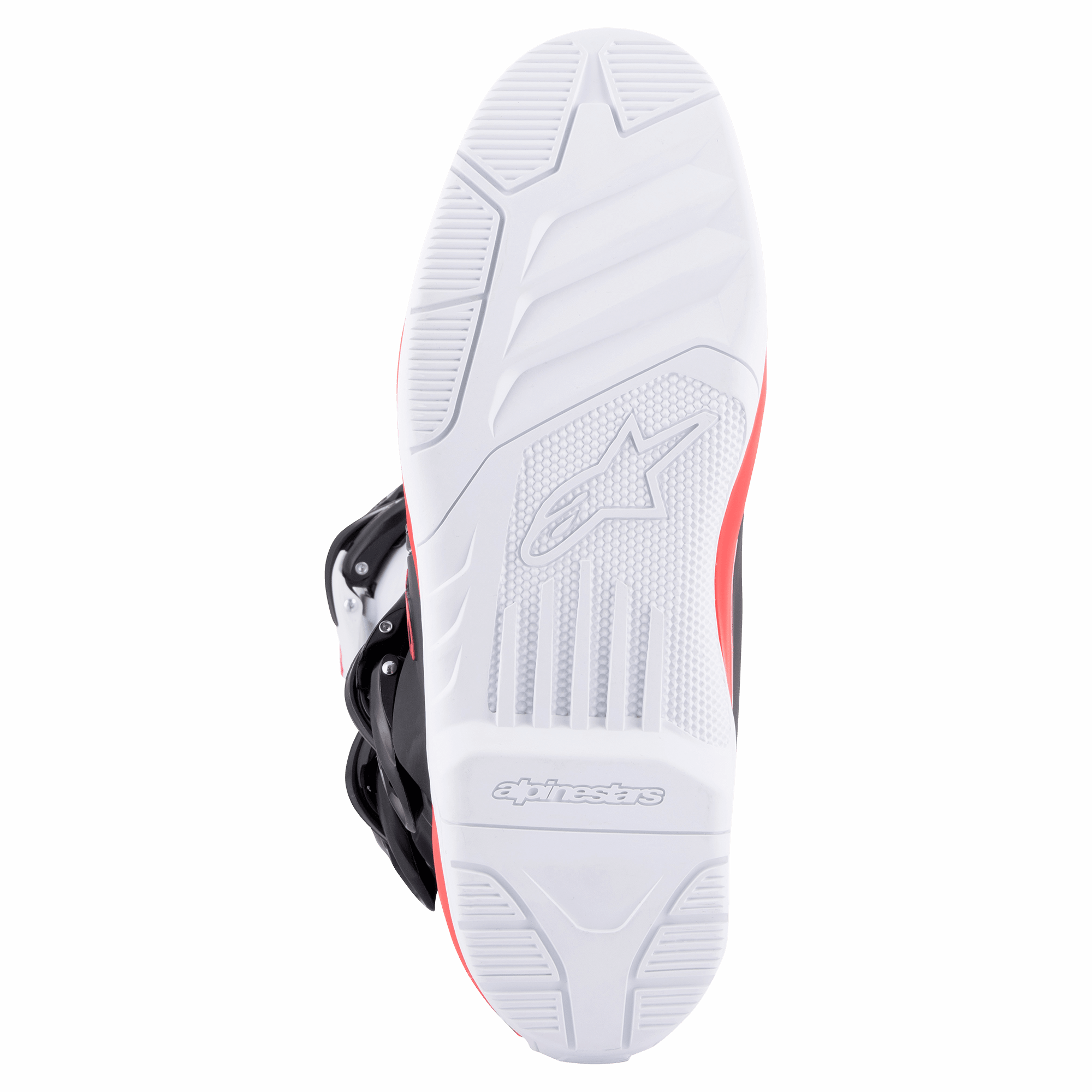 Alpinestars Tech 3 Boots, White Bright Red Dark Blue, close-up of the white high-grip rubber outsole with textured tread and debossed logo, designed for motocross and off-road performance.