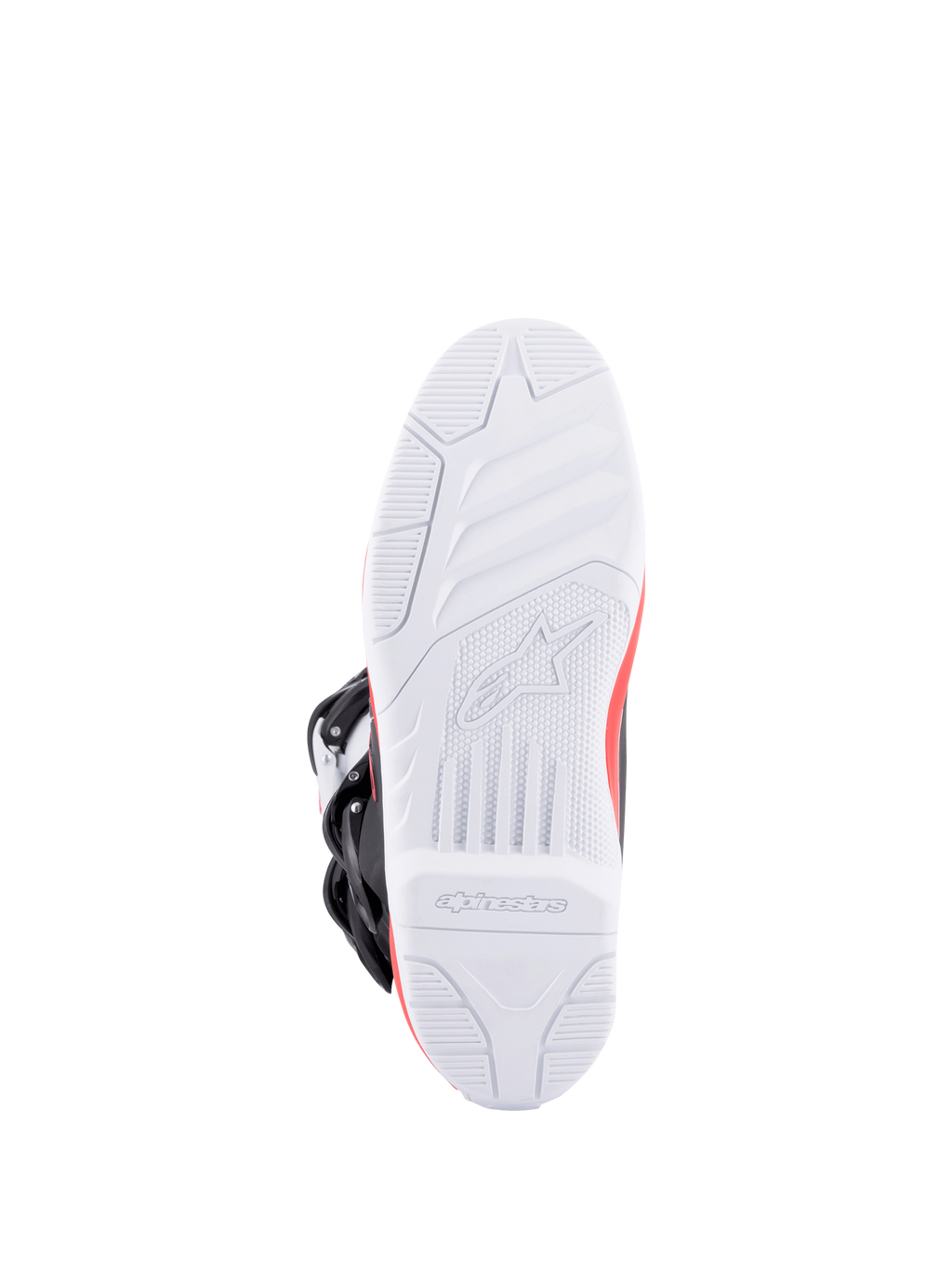 Alpinestars Tech 3, bottes de motocross vues de dessous, semelle extérieure blanche à haute adhérence, accents rouge vif et bleu foncé, boucles noires