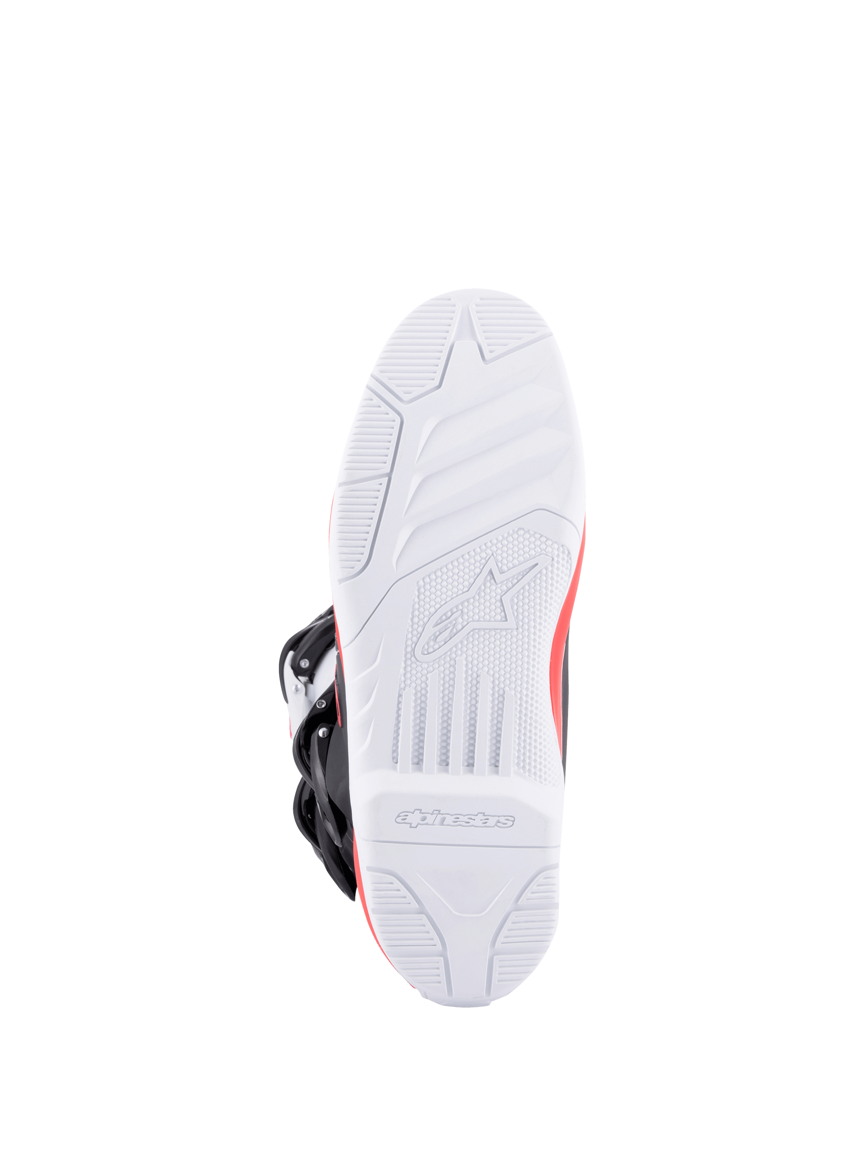 Alpinestars Tech 3, bottes de motocross vues de dessous, semelle extérieure blanche à haute adhérence, accents rouge vif et bleu foncé, boucles noires