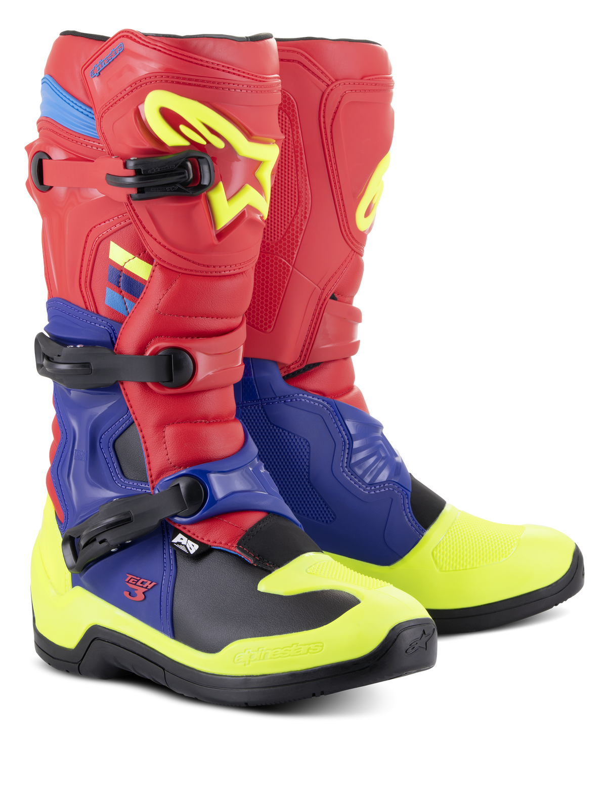 Alpinestars Tech 3 Stiefel, Motocross-Stiefel, Hellrot, Dunkelblau und Gelb Fluo, mit dreifachen Polymer-Schnallen, konturierten TPU-Schutzplatten und einer griffigen schwarzen Außensohle, konzipiert für Motocross- und Offroad-Performance.