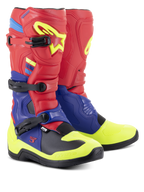 Alpinestars Tech 3 laarzen, motorcrosslaarzen, helderrood, donkerblauw en fluogeel, voorzien van drie polymeer gespen, gecontoureerde TPU-beschermplaten en een zwarte buitenzool met veel grip, ontworpen voor motorcross- en off-roadprestaties.