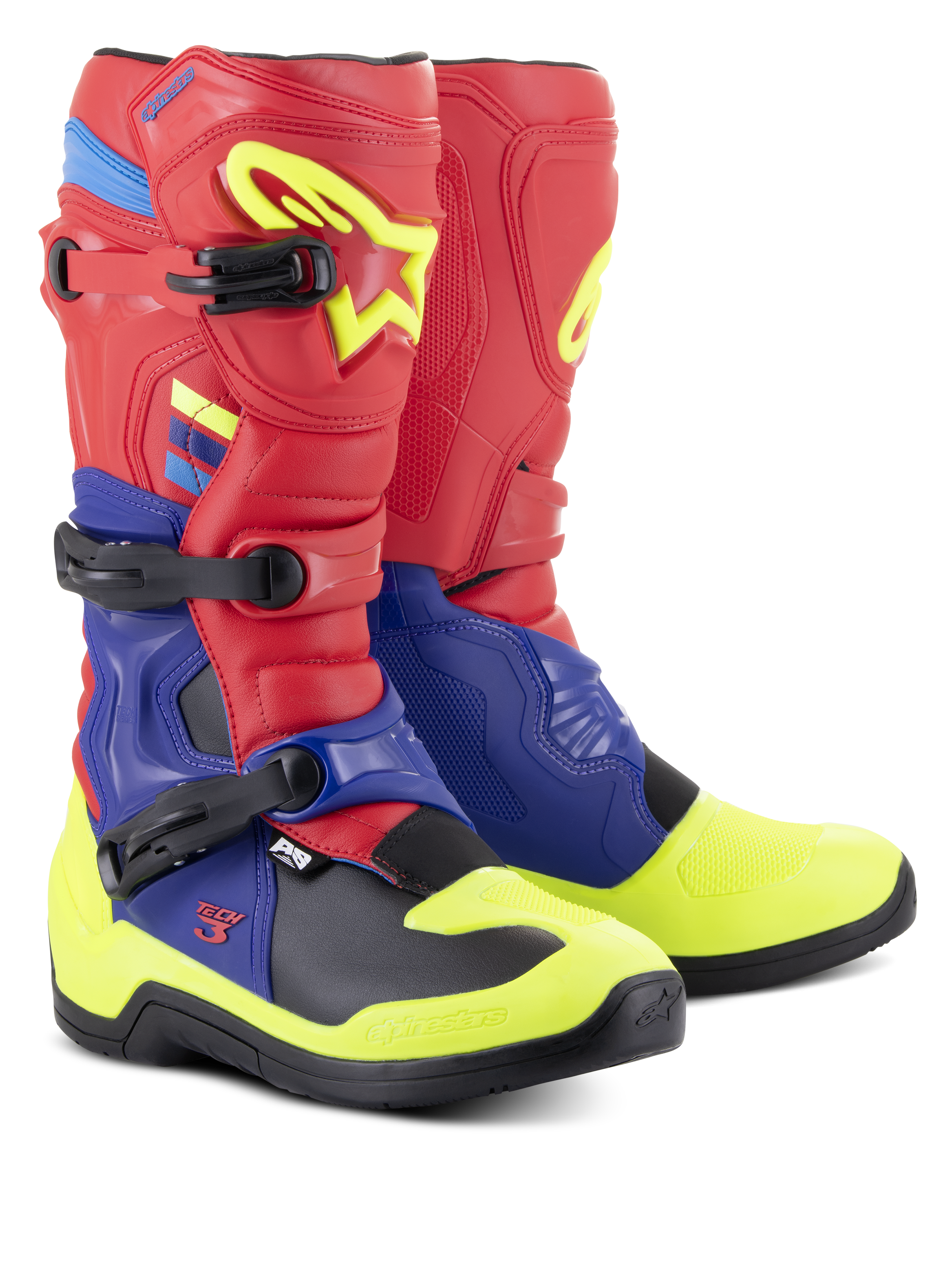 Alpinestars Tech 3 laarzen, motorcrosslaarzen, helderrood, donkerblauw en fluogeel, voorzien van drie polymeer gespen, gecontoureerde TPU-beschermplaten en een zwarte buitenzool met veel grip, ontworpen voor motorcross- en off-roadprestaties.
