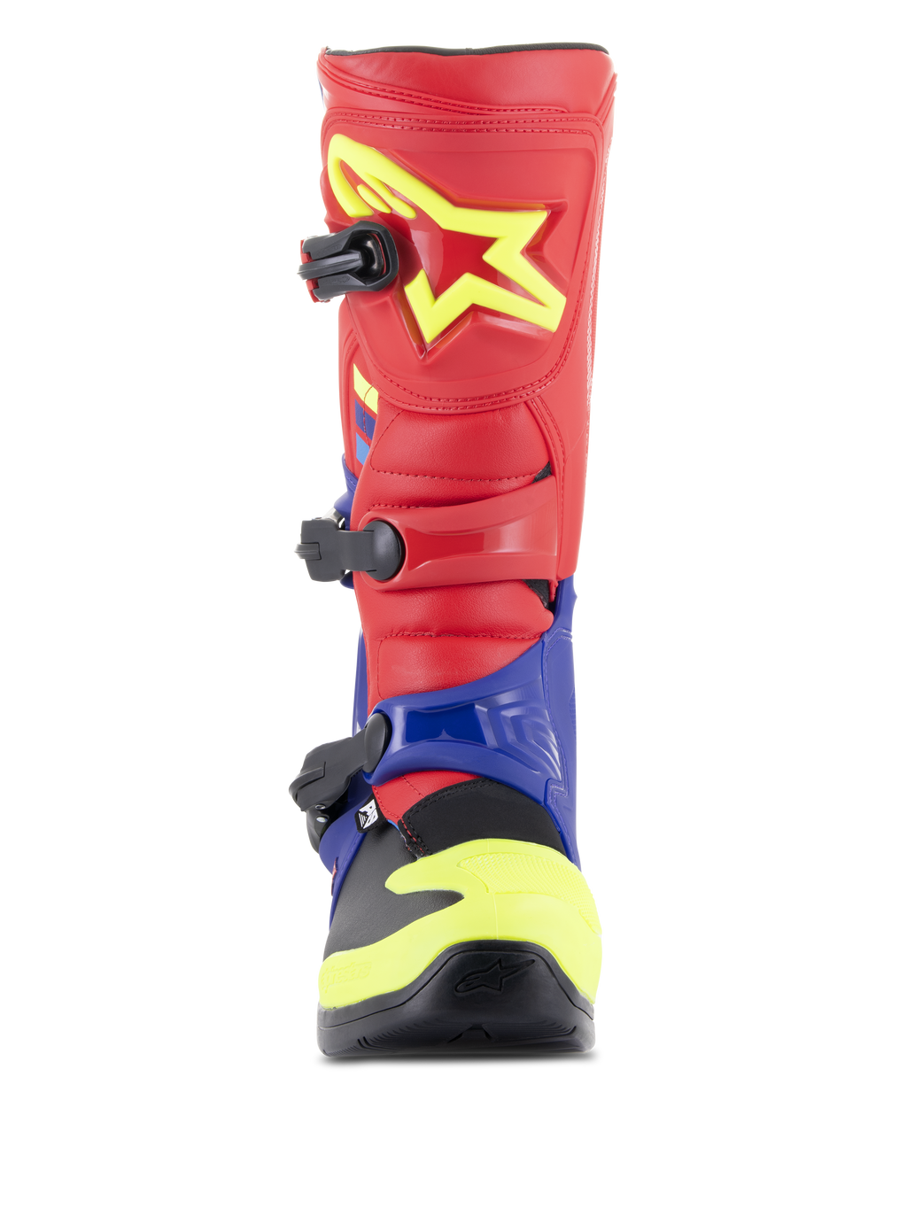 Alpinestars Tech 3 laarzen, motorcrosslaarzen, felrood, donkerblauw en fluogeel, vooraanzicht met drievoudig gespsluitingssysteem, TPU-scheenplaat met geel sterlogo en beschermende dual-compound voetschaal.