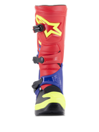 Alpinestars Tech 3 laarzen, motorcrosslaarzen, felrood, donkerblauw en fluogeel, vooraanzicht met drievoudig gespsluitingssysteem, TPU-scheenplaat met geel sterlogo en beschermende dual-compound voetschaal.