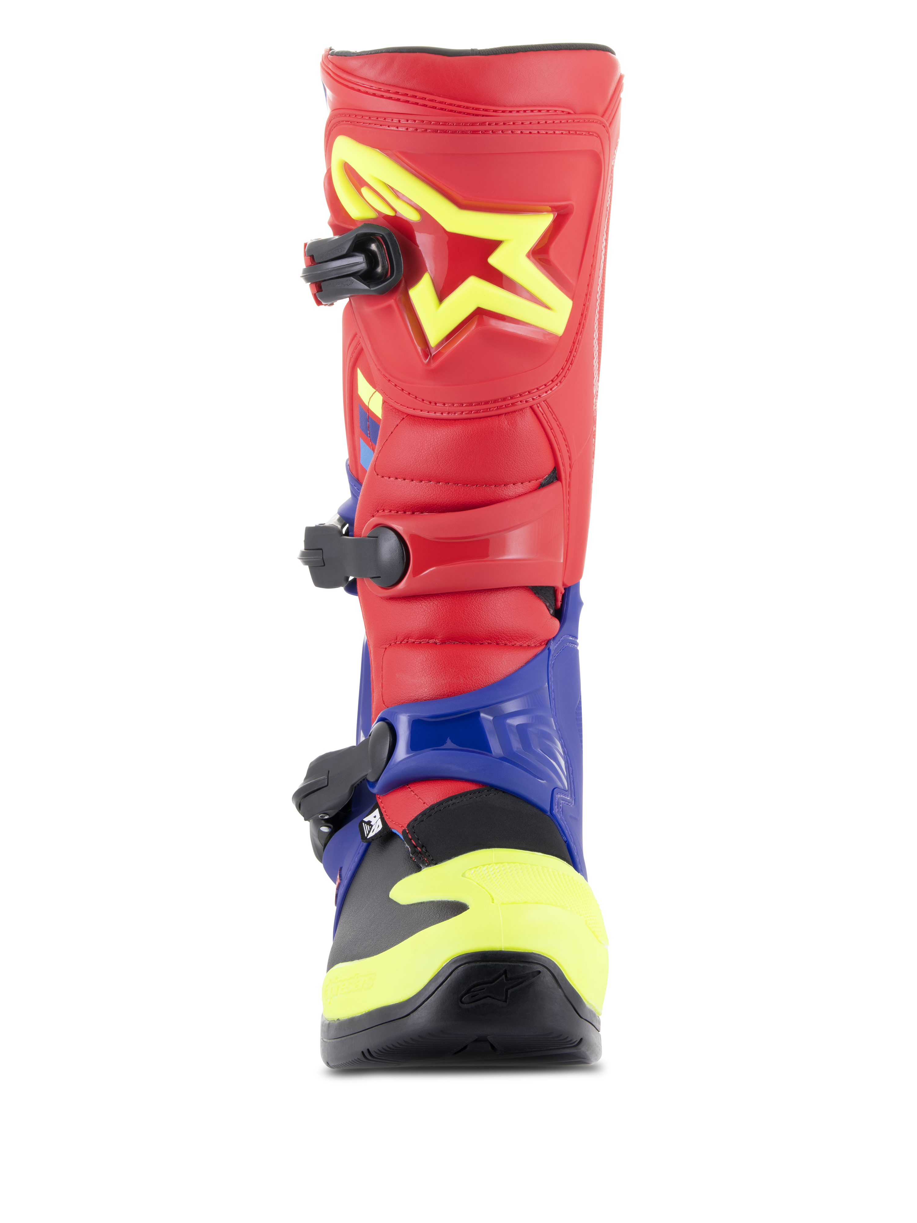 Alpinestars Tech 3 laarzen, motorcrosslaarzen, felrood, donkerblauw en fluogeel, vooraanzicht met drievoudig gespsluitingssysteem, TPU-scheenplaat met geel sterlogo en beschermende dual-compound voetschaal.