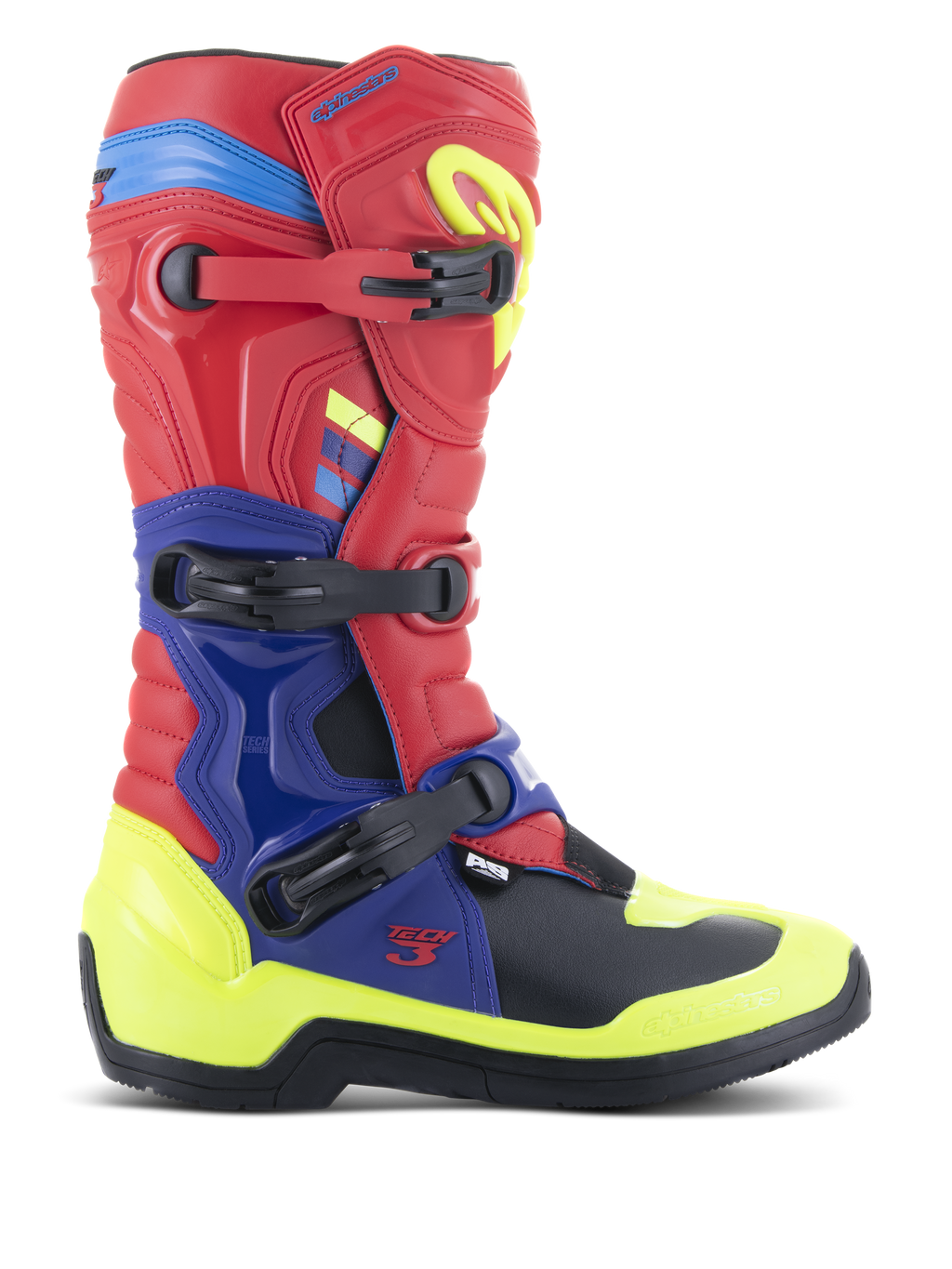 Alpinestars Tech 3 laarzen, motorcrosslaarzen, helderrood, donkerblauw en geel fluo, voorzien van een drievoudig gespsluitingssysteem, TPU-beschermingsplaten en opvallende neonaccenten, duurzame microvezelconstructie voor off-road rijden