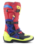 Alpinestars Tech 3 laarzen, motorcrosslaarzen, helderrood, donkerblauw en geel fluo, voorzien van een drievoudig gespsluitingssysteem, TPU-beschermingsplaten en opvallende neonaccenten, duurzame microvezelconstructie voor off-road rijden