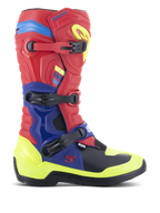 Alpinestars Tech 3 laarzen, motorcrosslaarzen, helderrood, donkerblauw en geel fluo, voorzien van een drievoudig gespsluitingssysteem, TPU-beschermingsplaten en opvallende neonaccenten, duurzame microvezelconstructie voor off-road rijden